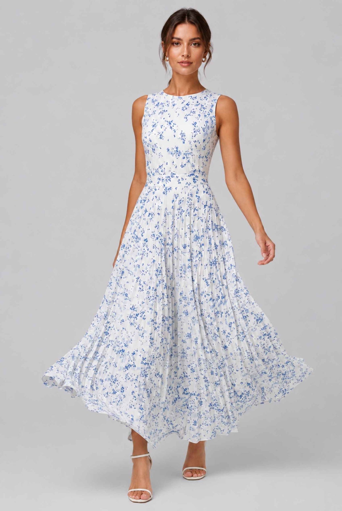 Virtual model wearing The Serena Pleated Floral Maxi Blue Floral Pleated Maxi Dress