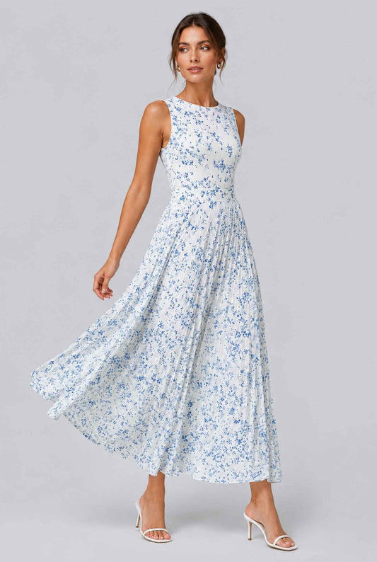 Virtual Model wearing The Serena Pleated Floral Maxi Blue & White Floral Pleated Maxi Dress