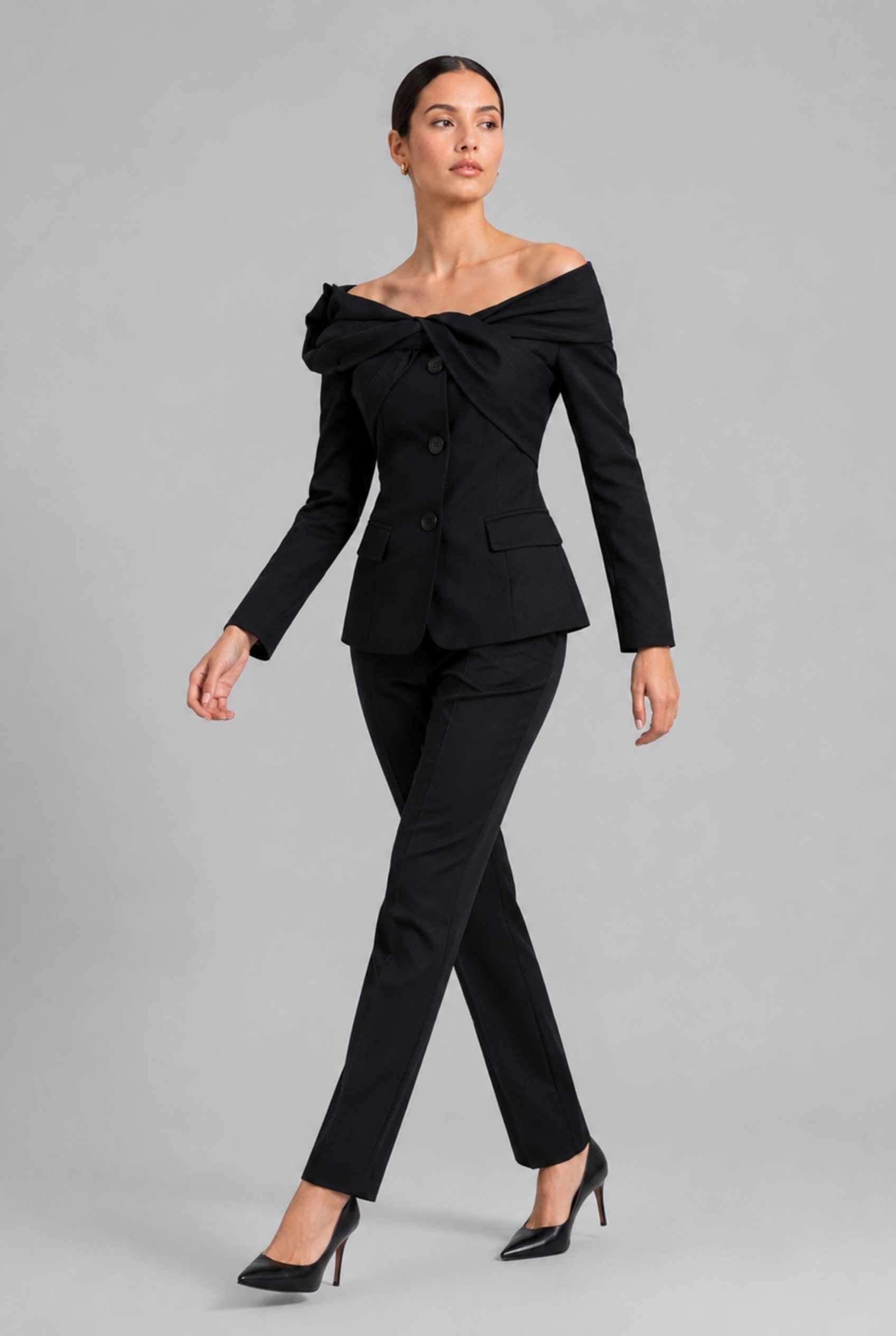 Virtual Model wearing The Severine Tailored Blazer Off the Shoulder Black Structural Jacket