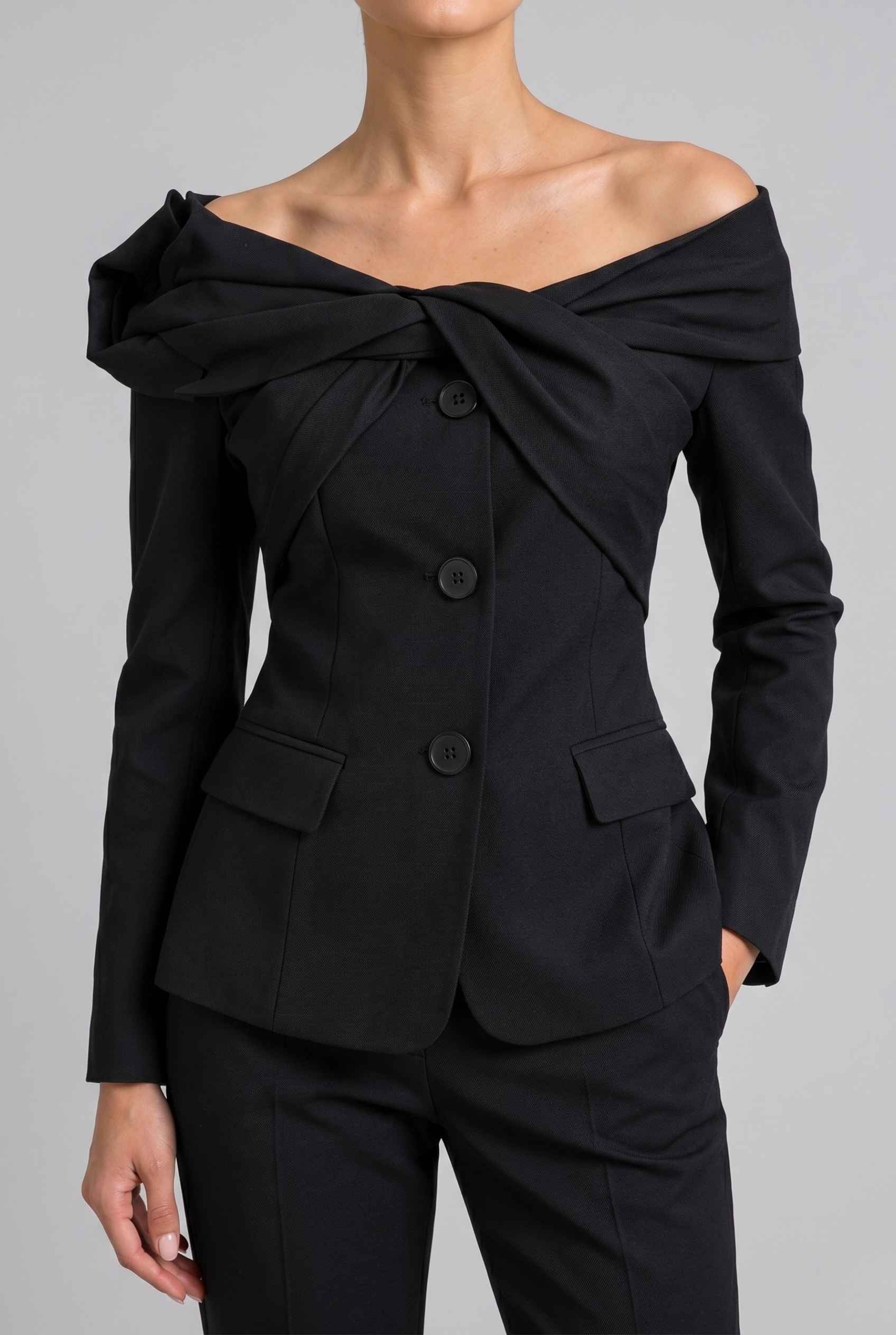 Virtual Model wearing The Severine Tailored Blazer Off the Shoulder Black Structural Jacket