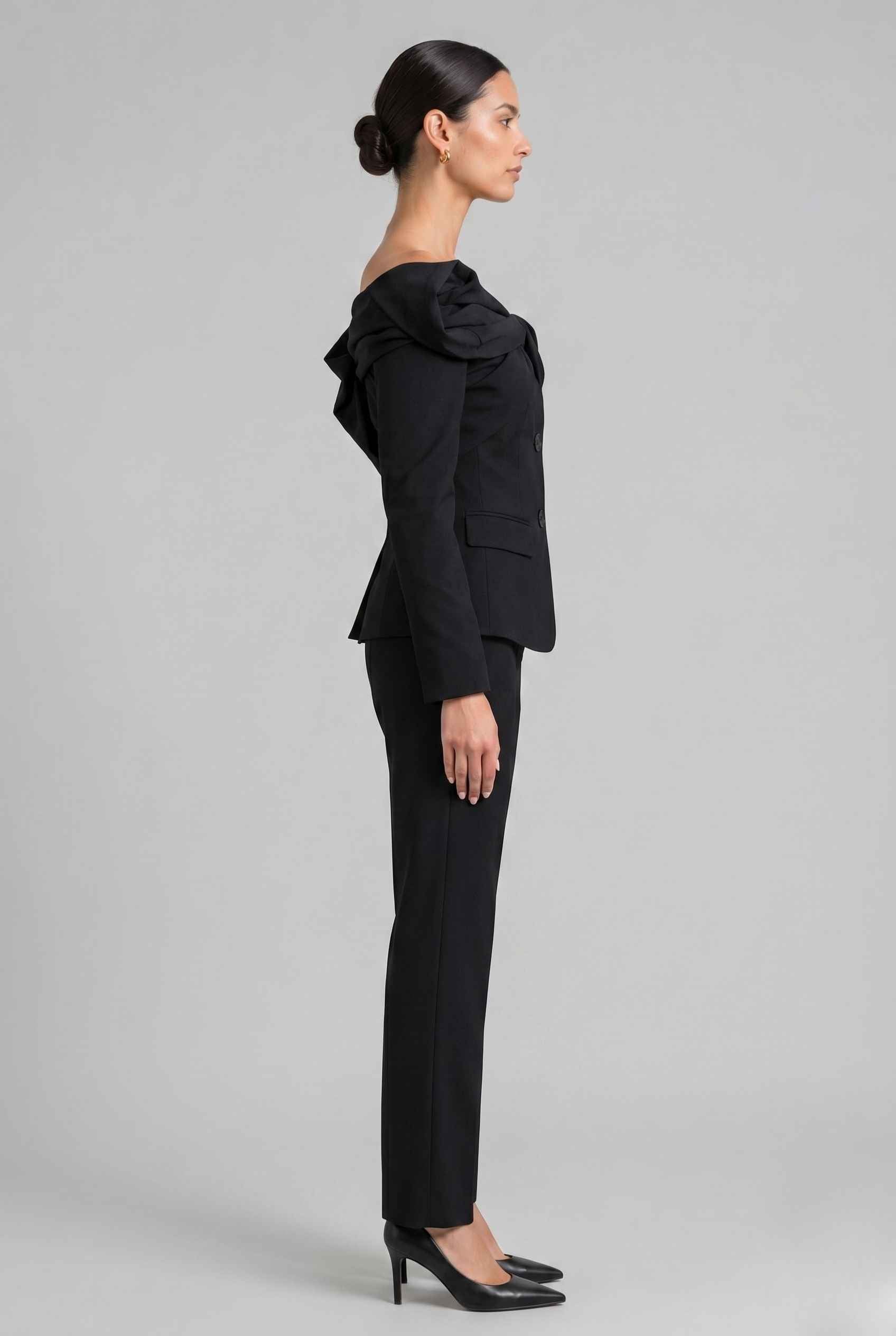 Virtual Model wearing The Severine Tailored Blazer Off the Shoulder Black Structural Jacket
