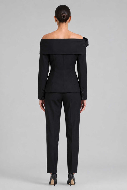 Virtual Model wearing The Severine Tailored Blazer Off the Shoulder Black Structural Jacket