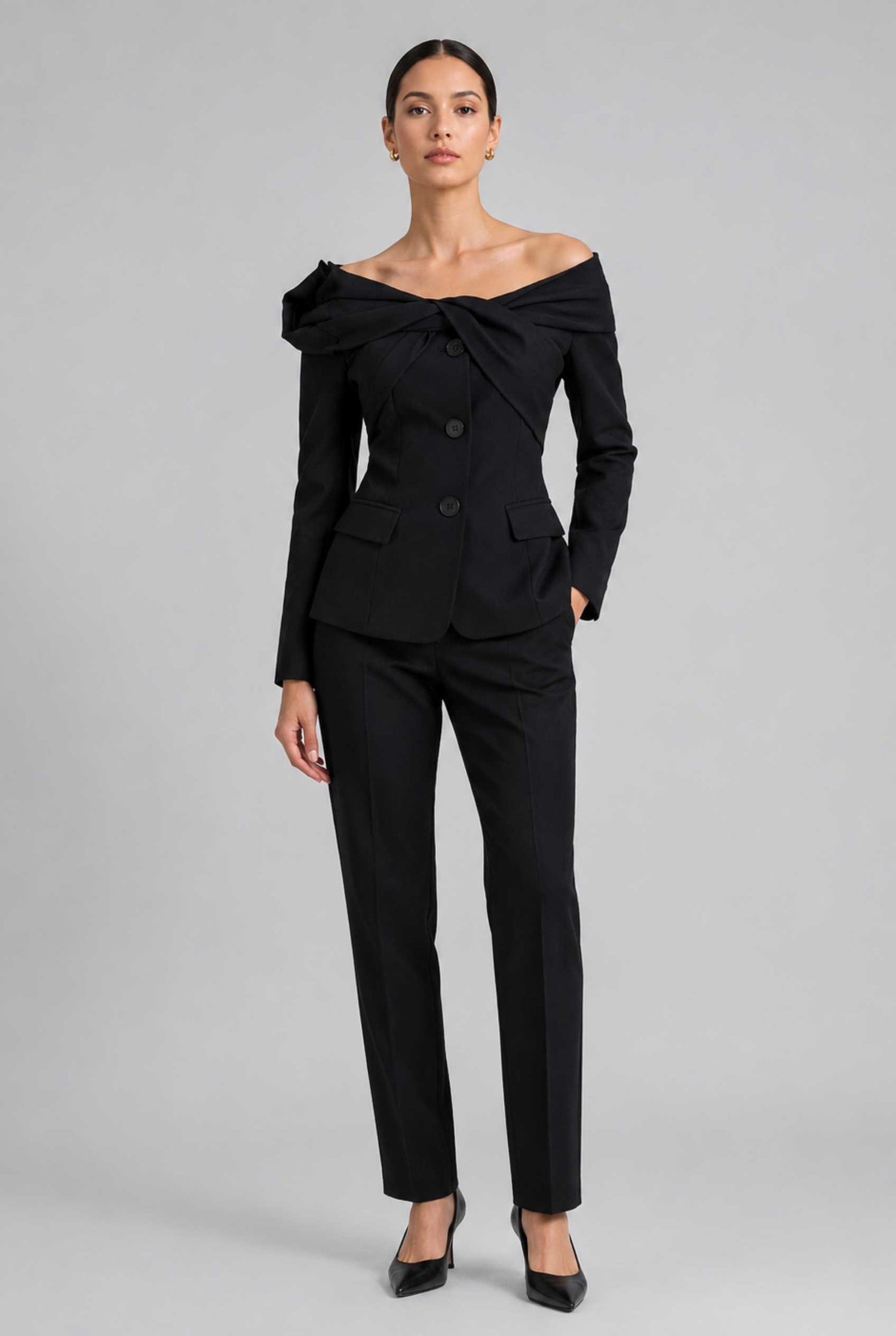 Virtual Model wearing The Severine Tailored Blazer Off the Shoulder Black Structural Jacket