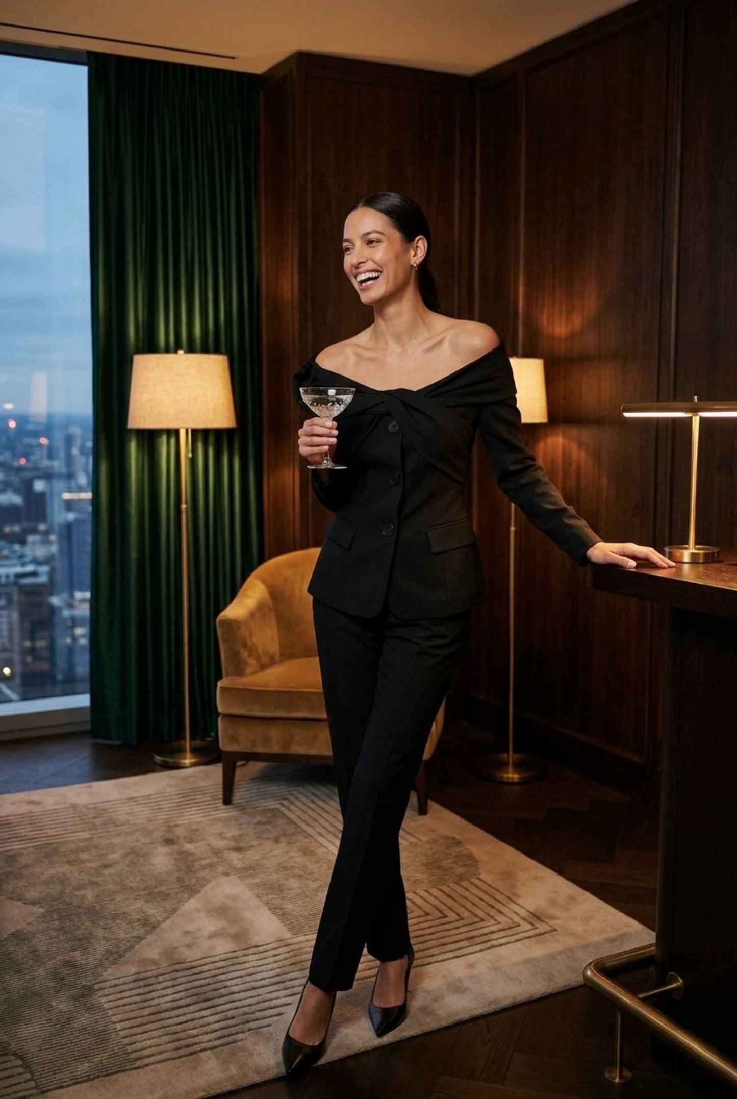 Virtual Model wearing The Severine Tailored Blazer Off the Shoulder Black Structural Jacket
