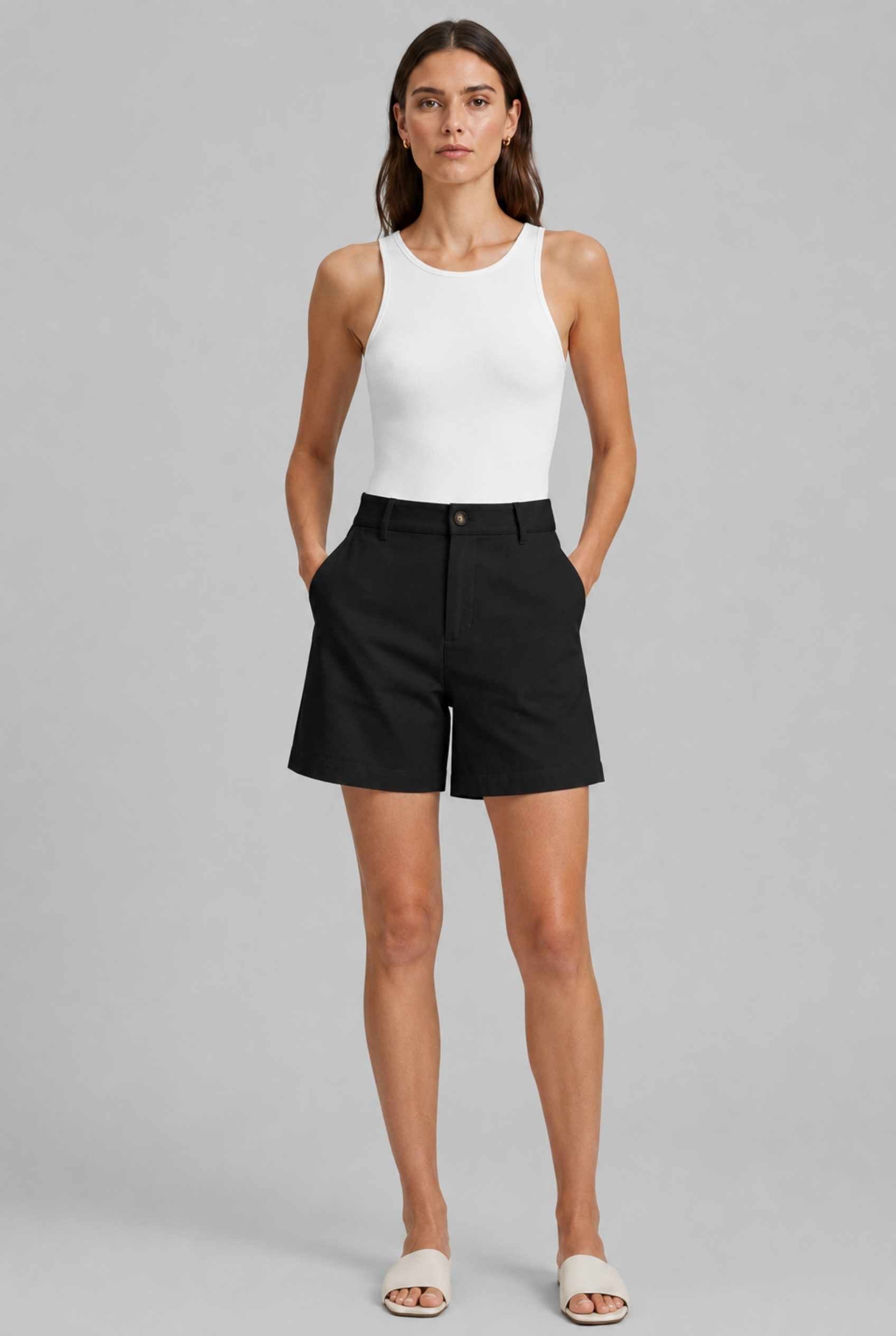 Virtual Model wearing The Sienna Tailored Short Black Tailored Twill High-Waisted Shorts