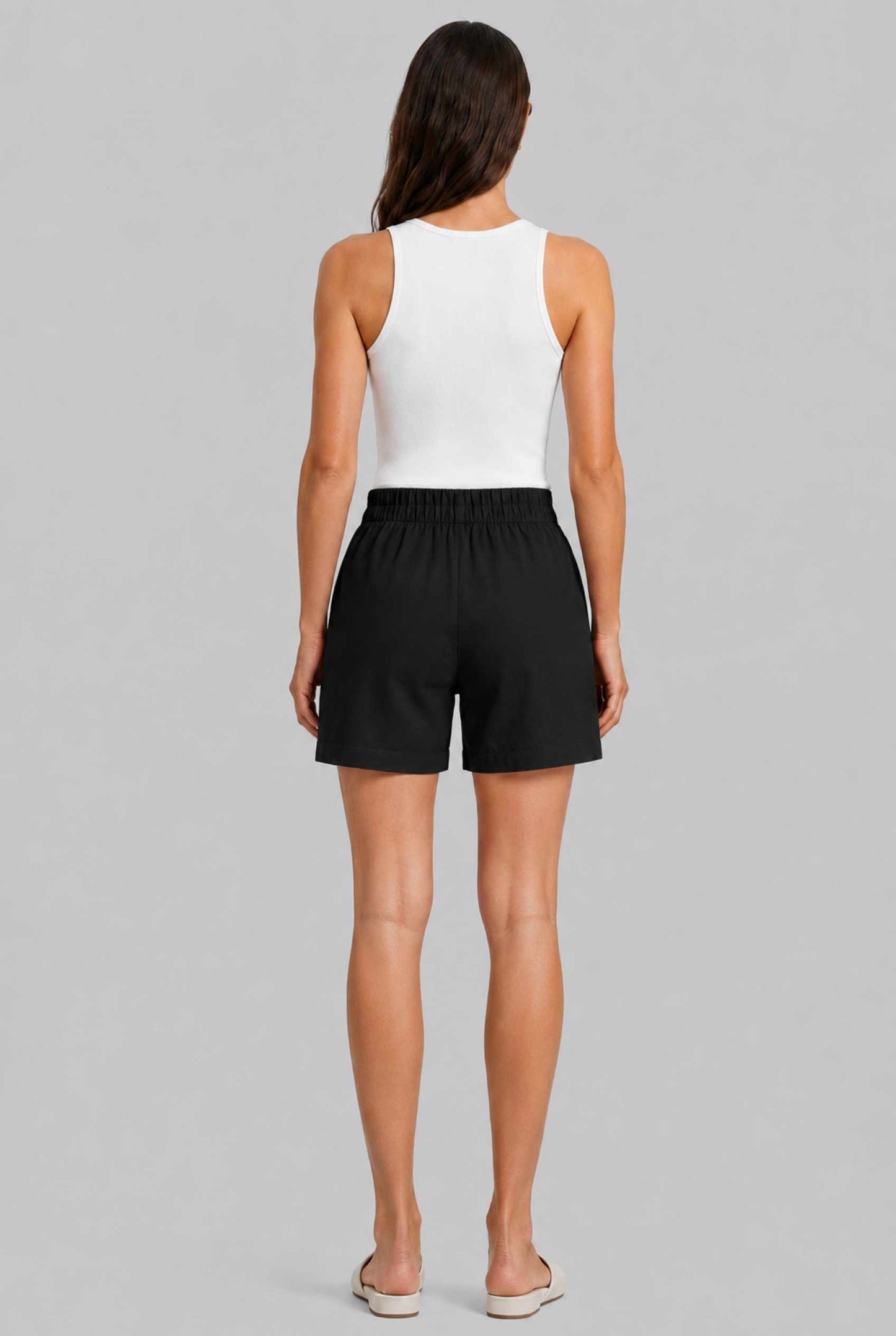 Virtual Model wearing The Sienna Tailored Short Black Tailored Twill High-Waisted Shorts