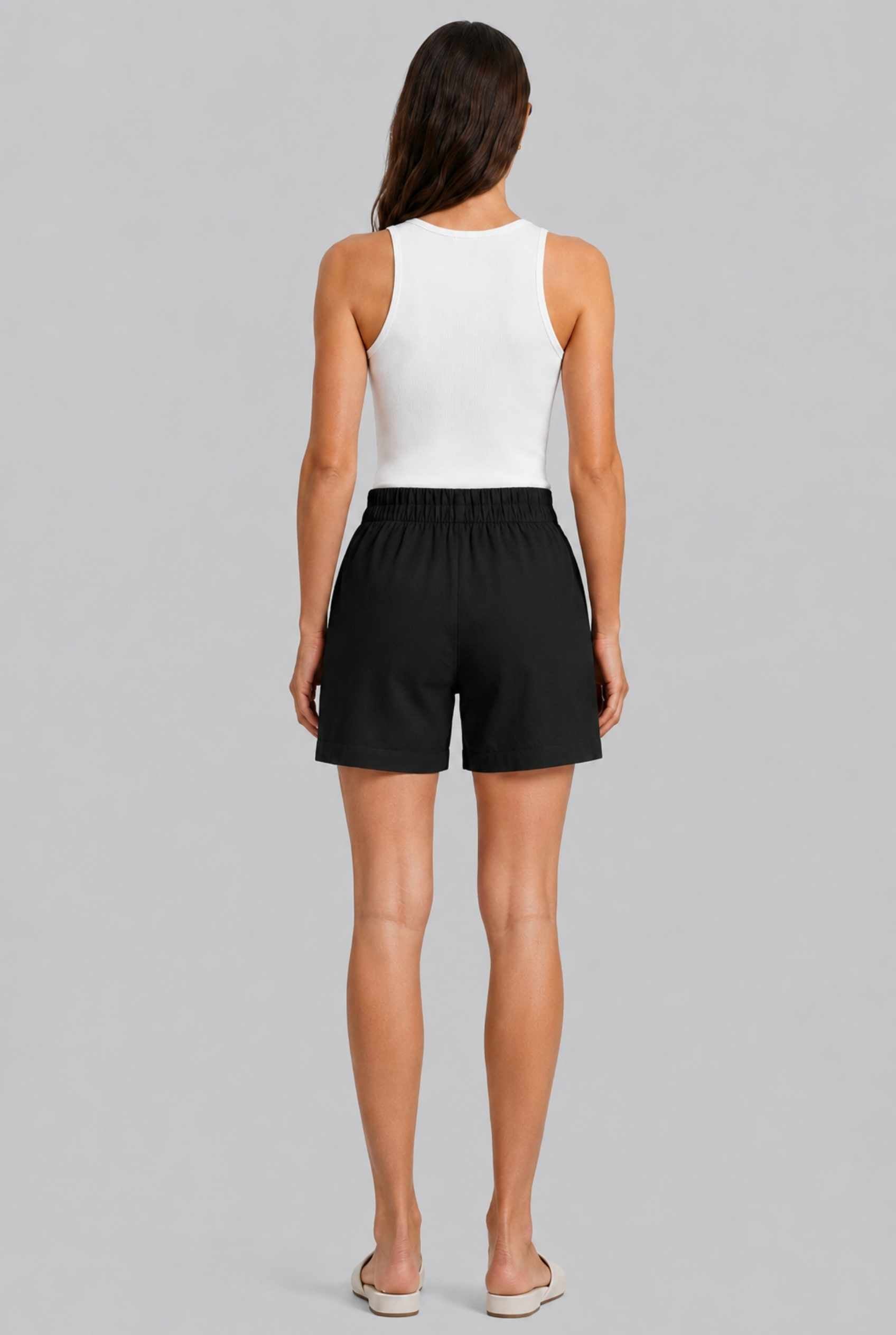 Virtual Model wearing The Sienna Tailored Short Black Tailored Twill High-Waisted Shorts