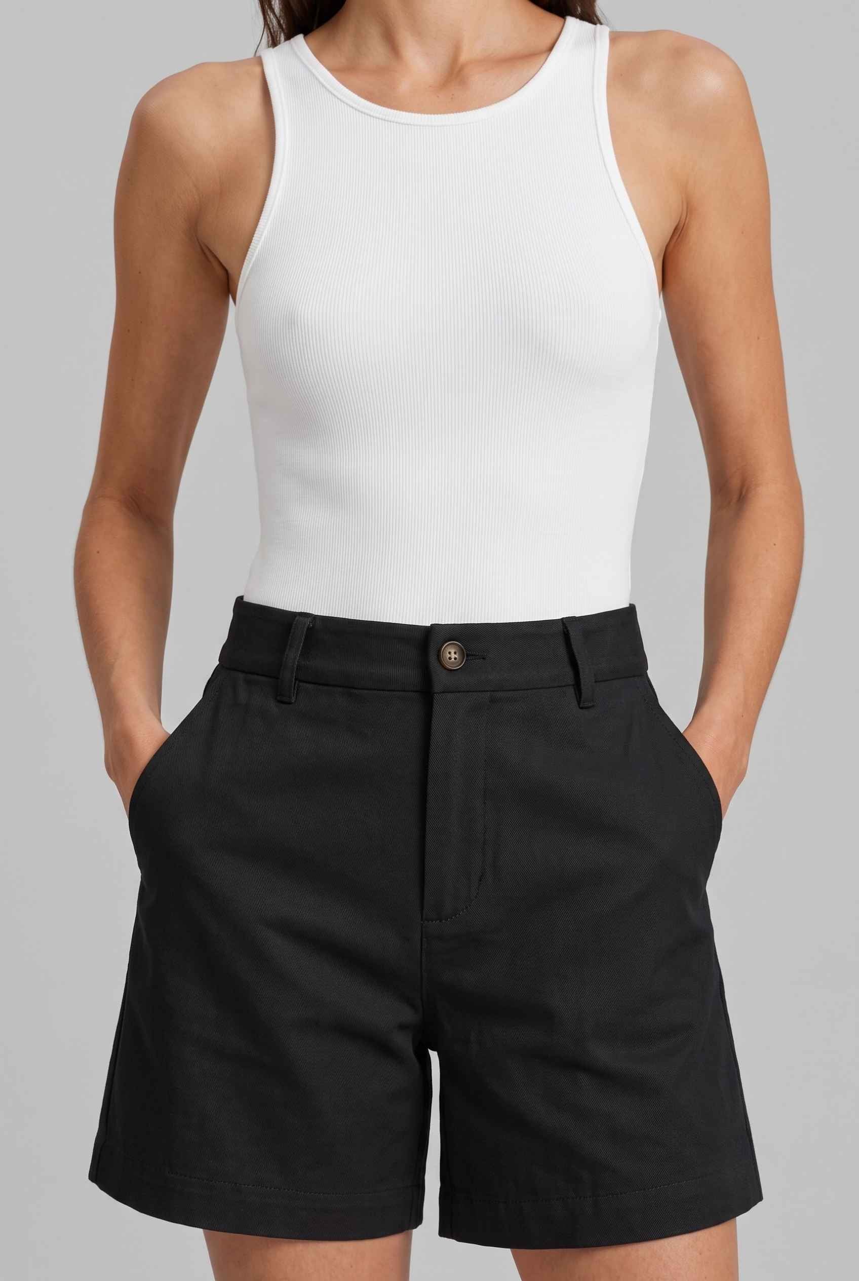 Virtual Model wearing The Sienna Tailored Short Black Tailored Twill High-Waisted Shorts