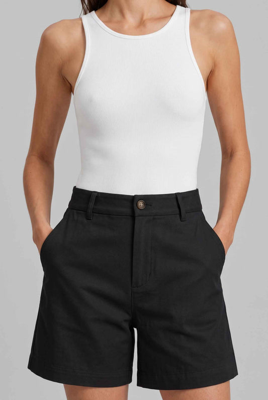 Virtual Model wearing The Sienna Tailored Short Black Tailored Twill High-Waisted Shorts
