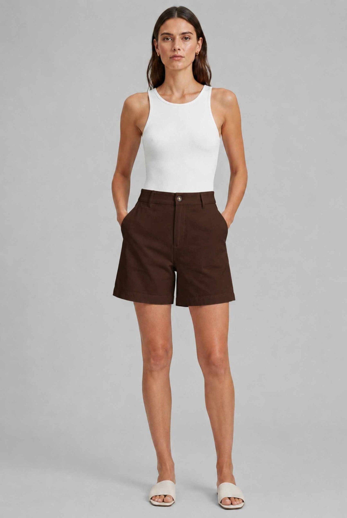 Virtual Model wearing The Sienna Tailored Short Brown Tailored Twill High-Waisted Shorts