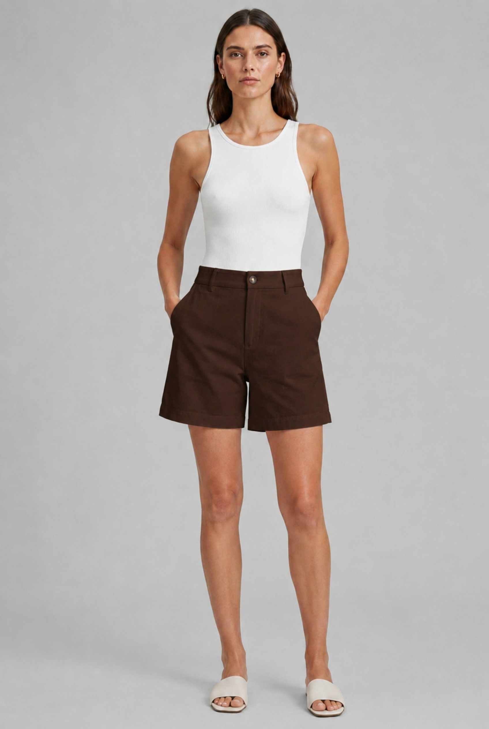 Virtual Model wearing The Sienna Tailored Short Brown Tailored Twill High-Waisted Shorts