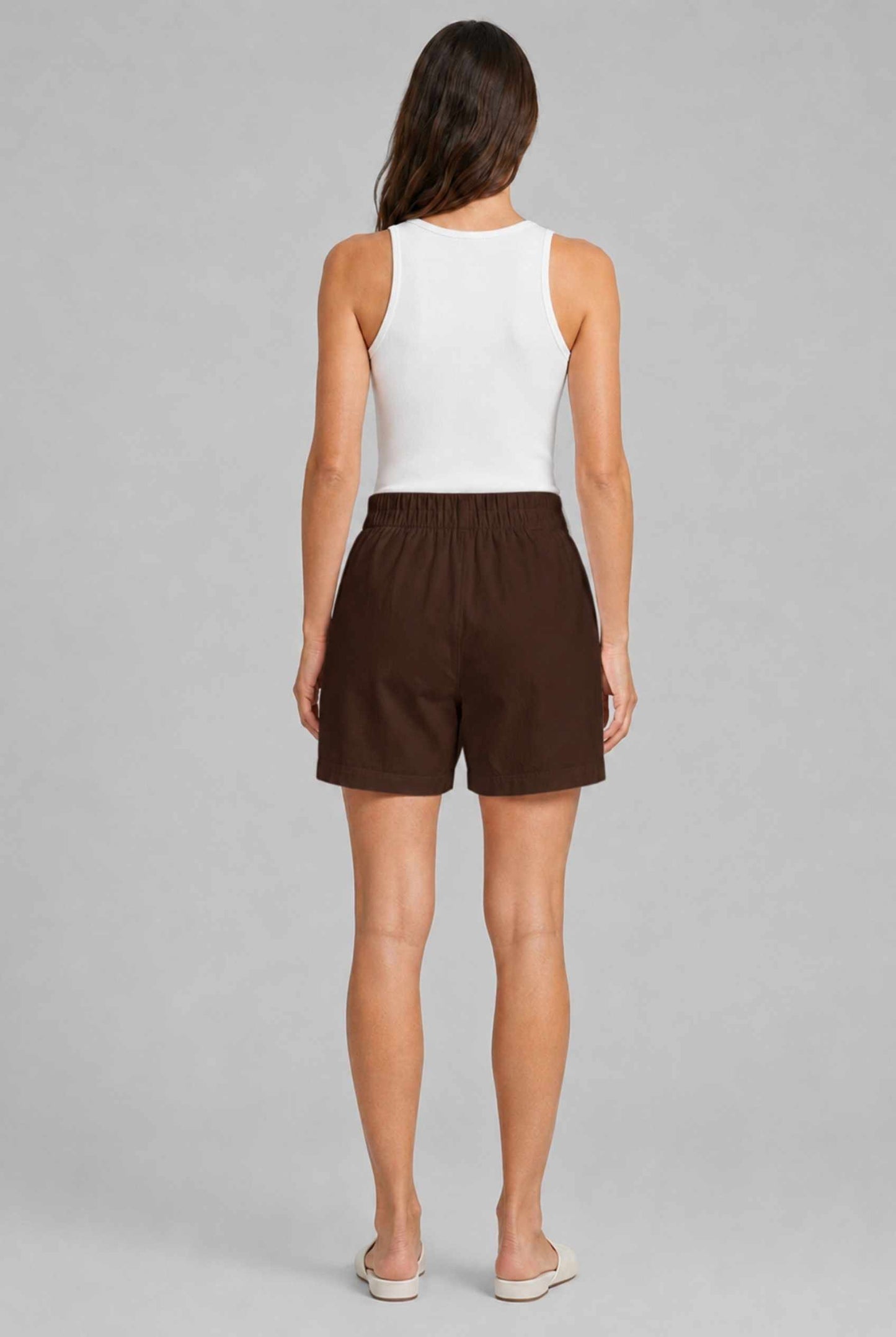 Virtual Model wearing The Sienna Tailored Short Brown Tailored Twill High-Waisted Shorts