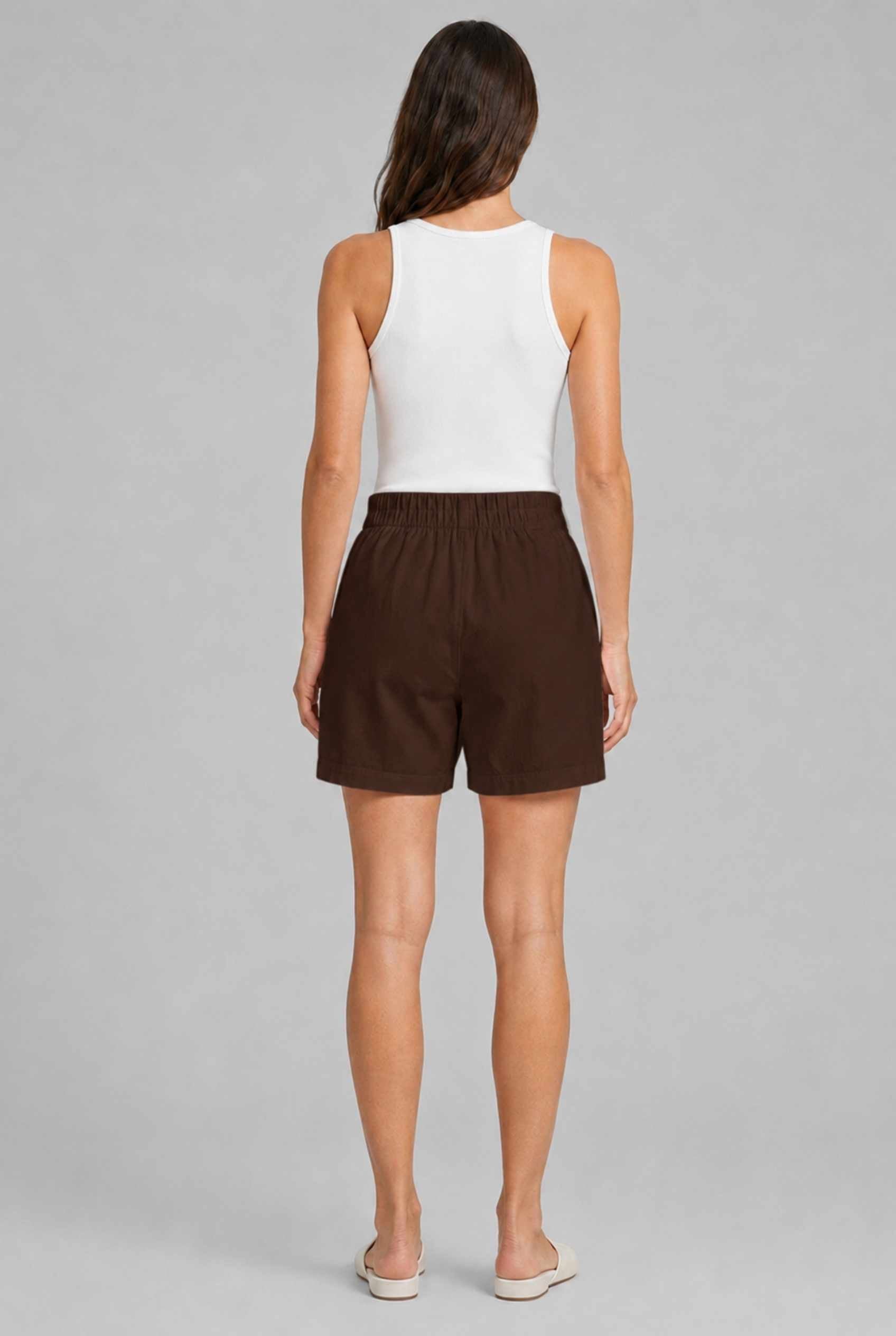 Virtual Model wearing The Sienna Tailored Short Brown Tailored Twill High-Waisted Shorts