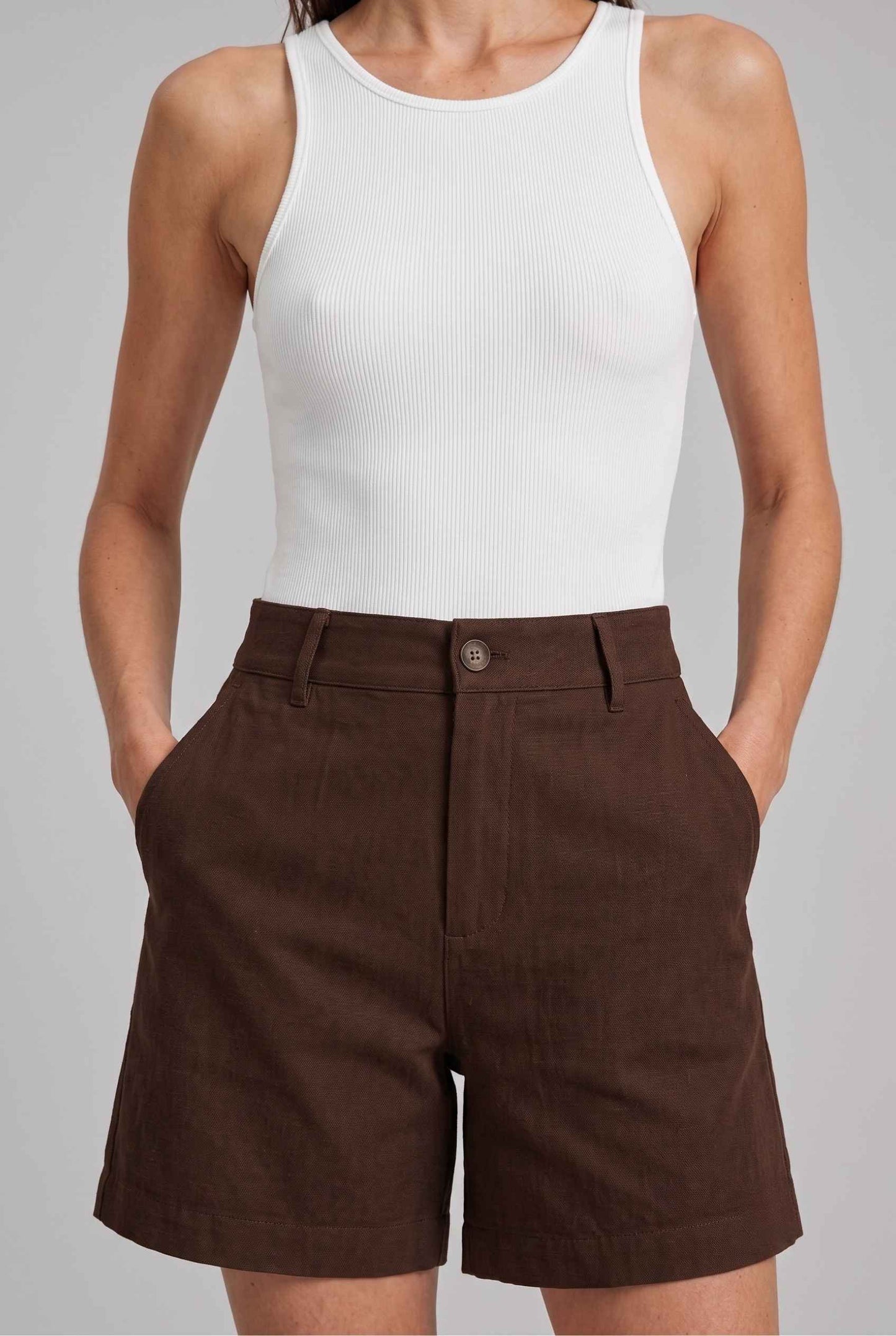 Virtual Model wearing The Sienna Tailored Short Brown Tailored Twill High-Waisted Shorts