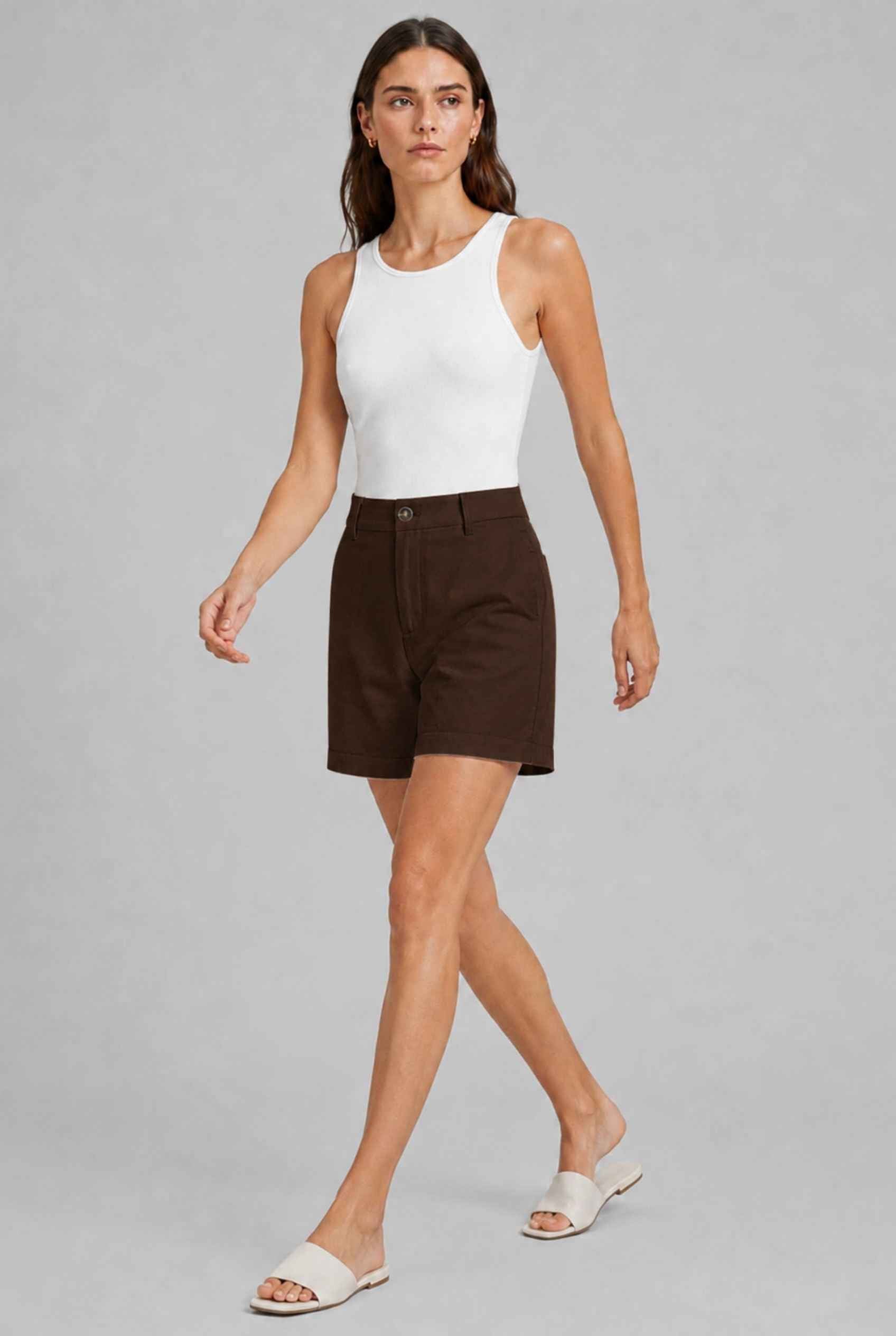Virtual Model wearing The Sienna Tailored Short Brown Tailored Twill High-Waisted Shorts