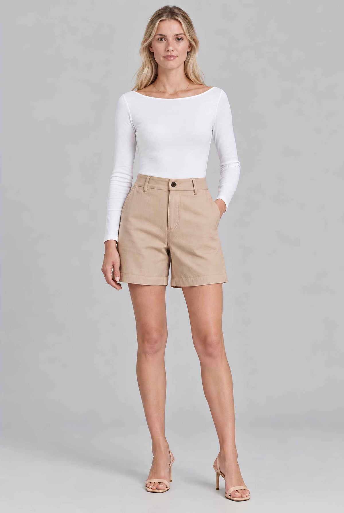 Virtual model wearing The Sienna Tailored Short Tailored Twill High-Waisted Shorts Khaki