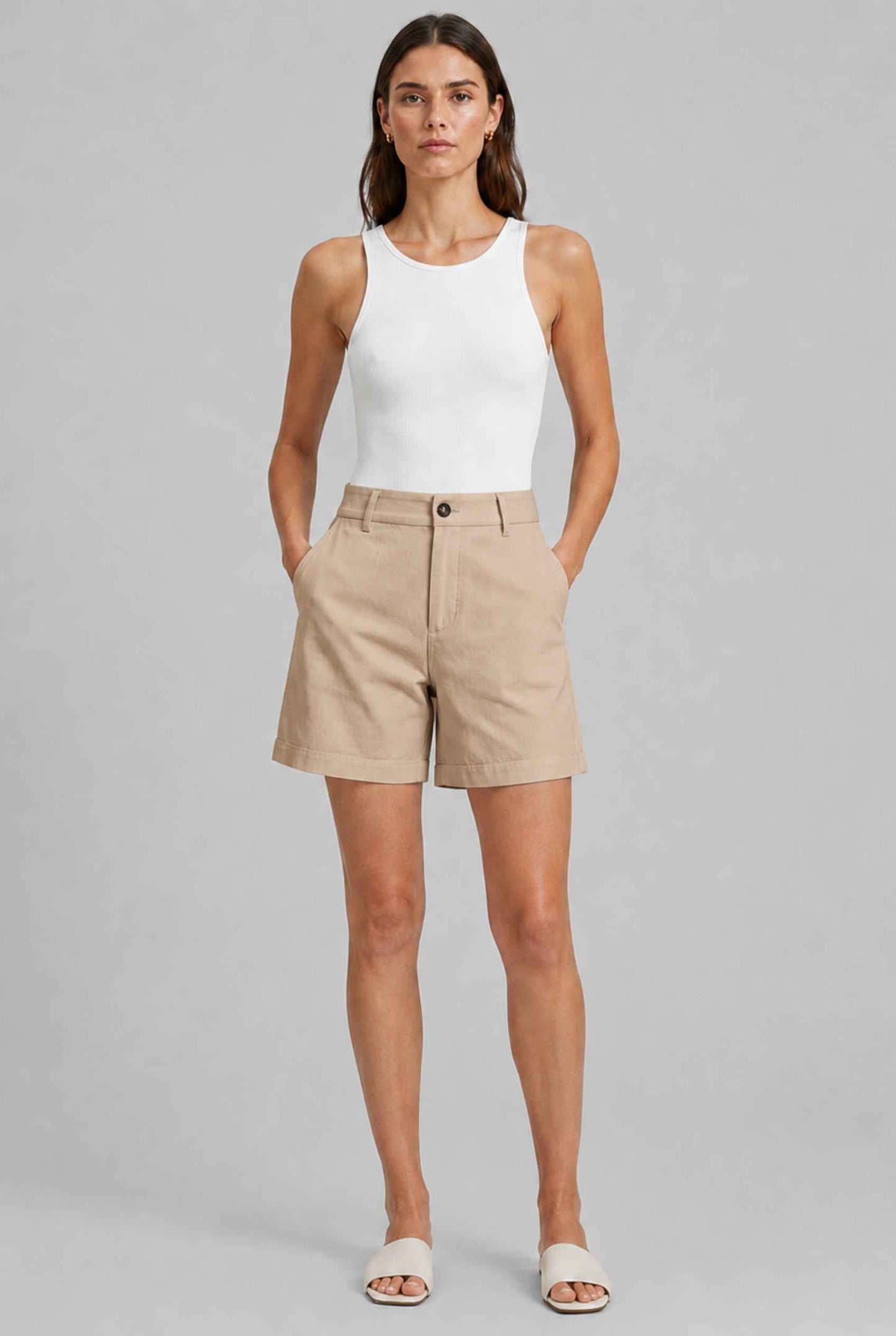 Virtual Model wearing The Sienna Tailored Short Khaki Tailored Twill High-Waisted Shorts