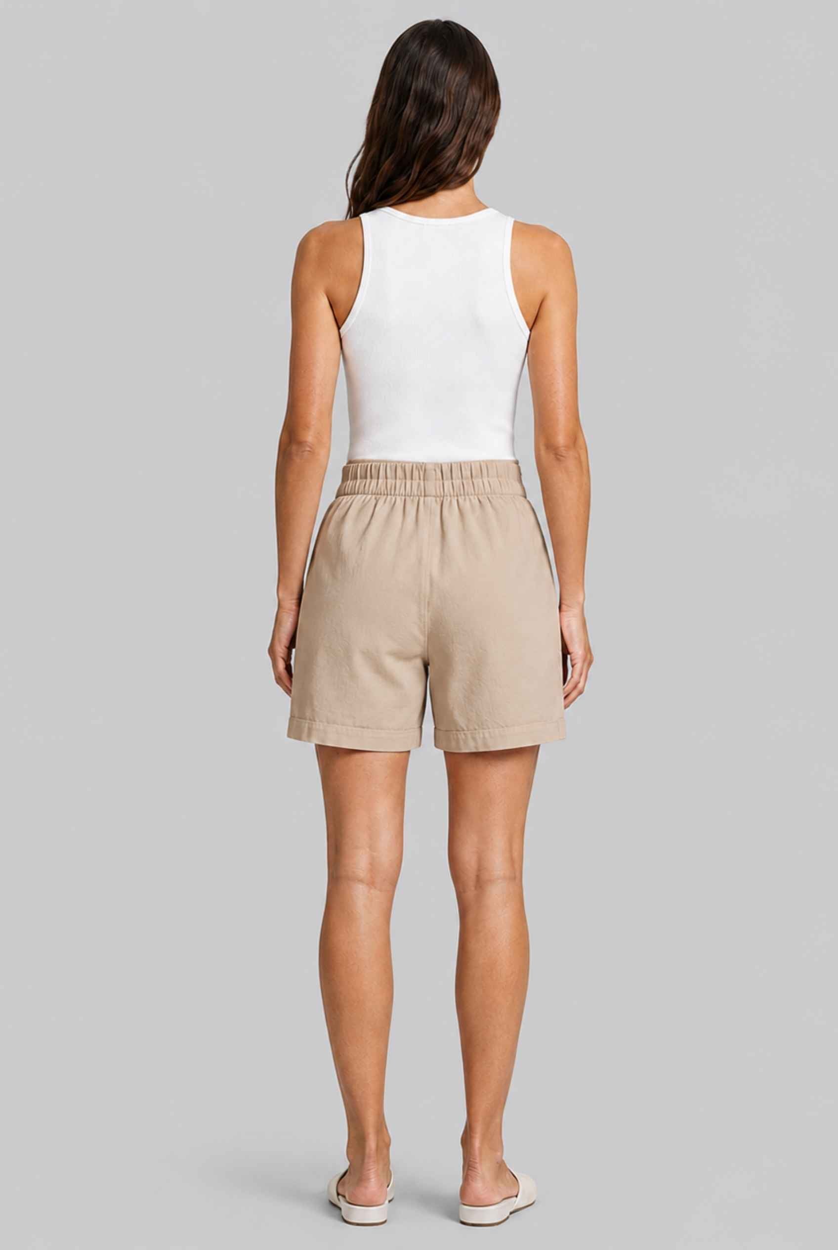 Virtual Model wearing The Sienna Tailored Short Khaki Tailored Twill High-Waisted Shorts