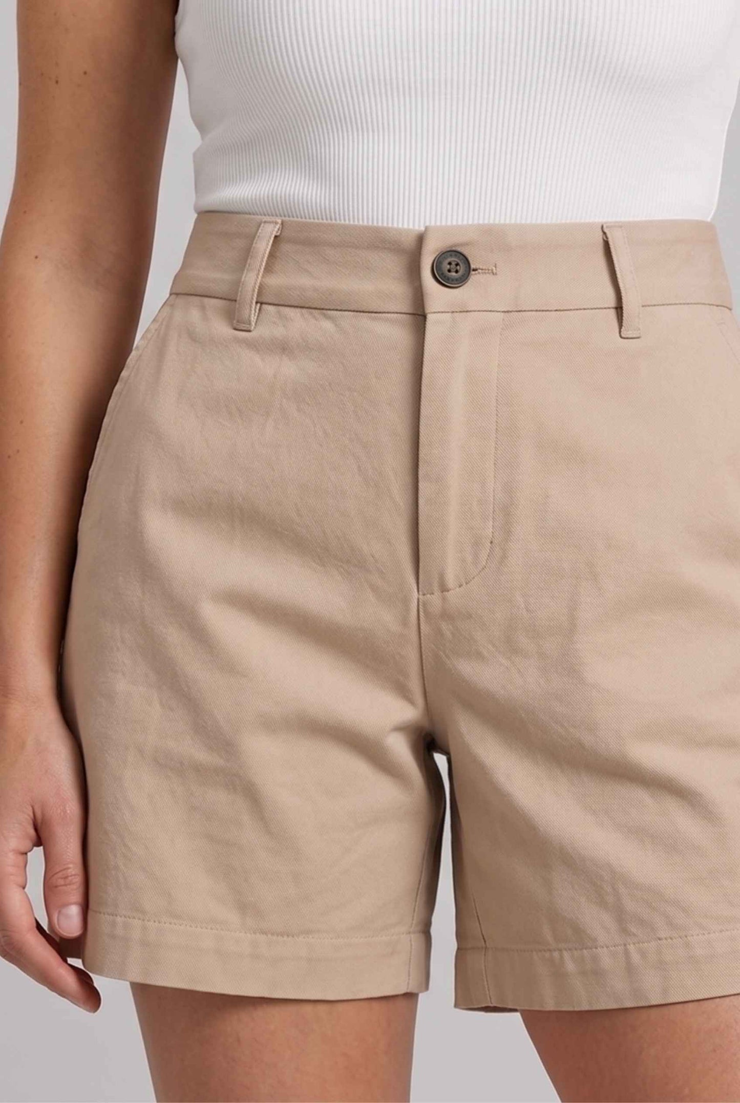 Virtual Model wearing The Sienna Tailored Short Khaki Tailored Twill High-Waisted Shorts