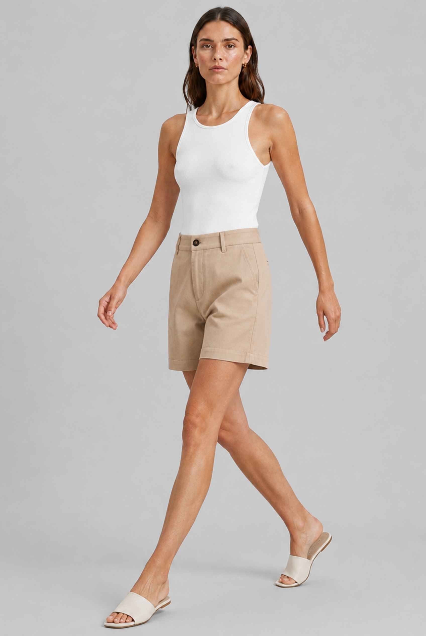 Virtual Model wearing The Sienna Tailored Short Khaki Tailored Twill High-Waisted Shorts