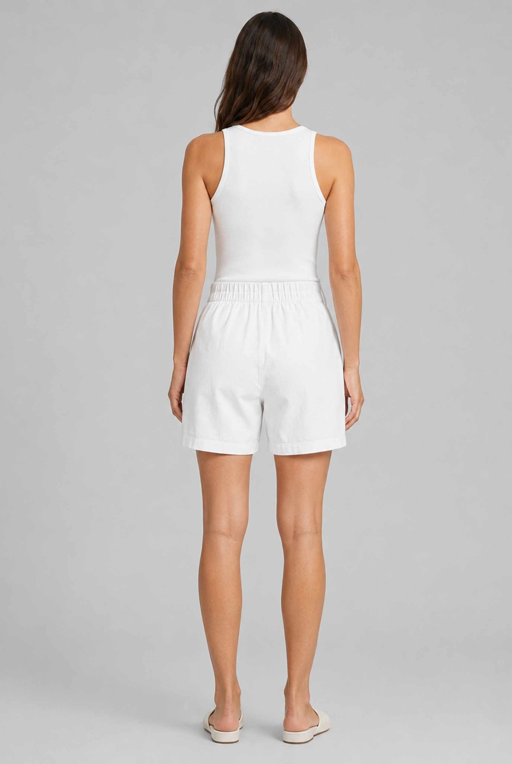 Virtual Model wearing The Sienna Tailored Short White Tailored Twill High-Waisted Shorts
