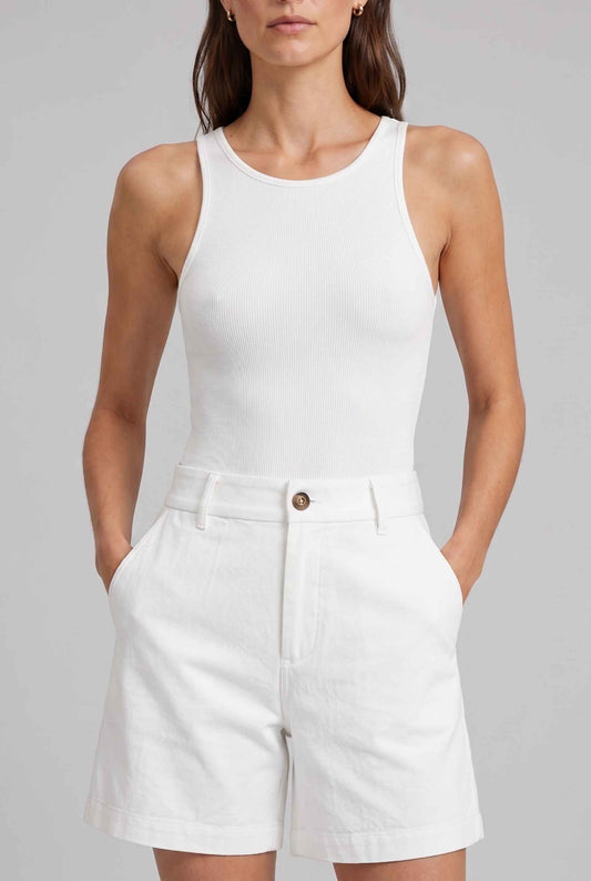 Virtual Model wearing The Sienna Tailored Short White Tailored Twill High-Waisted Shorts