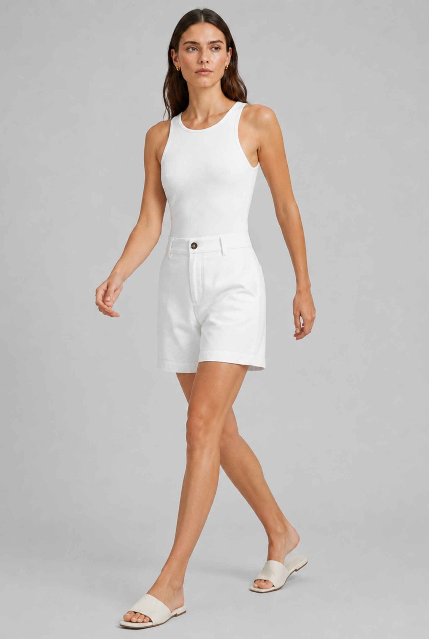 Virtual Model wearing The Sienna Tailored Short White Tailored Twill High-Waisted Shorts