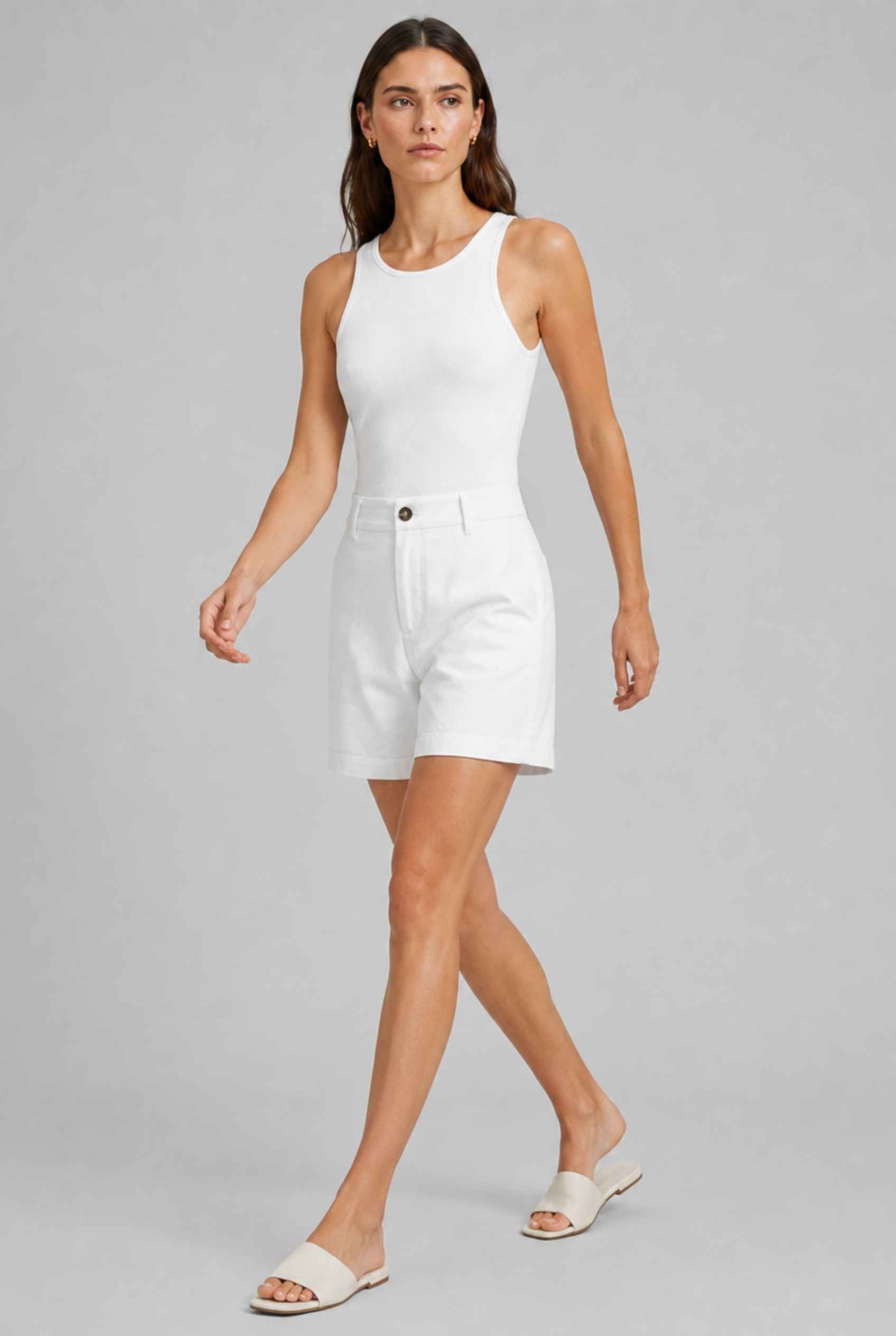 Virtual Model wearing The Sienna Tailored Short White Tailored Twill High-Waisted Shorts