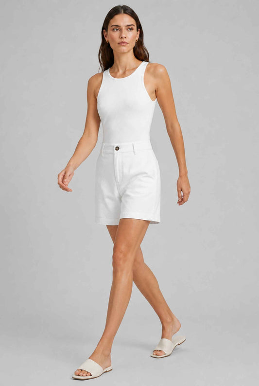 Virtual Model wearing The Sienna Tailored Short White Tailored Twill High-Waisted Shorts