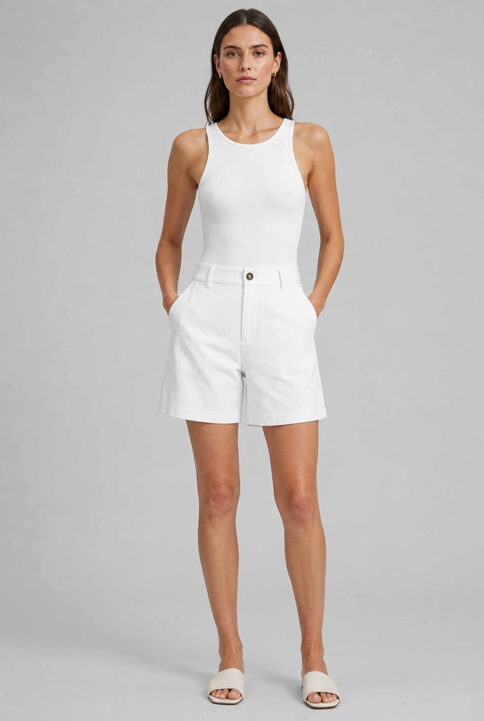 Virtual Model wearing The Sienna Tailored Short White Tailored Twill High-Waisted Shorts