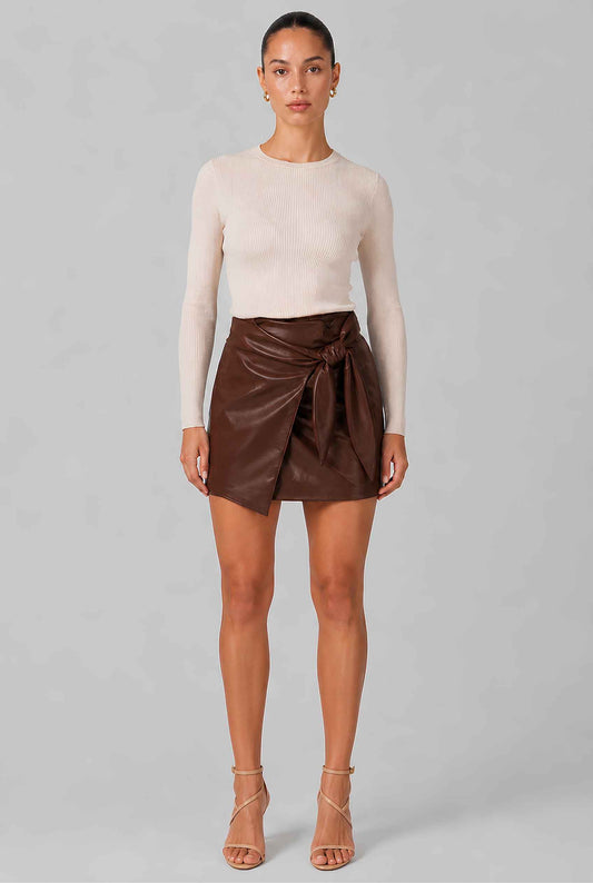 Virtual model wearing The Sienna Tied Leather Mini Skirt Tie-Front Faux Leather Mini Skirt Brown