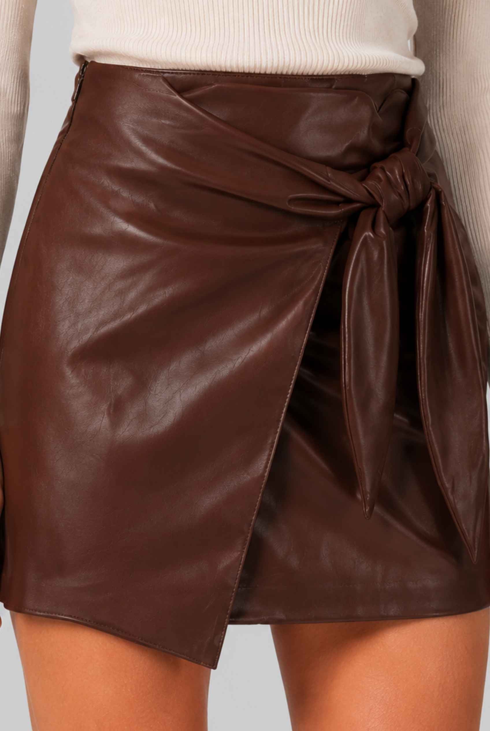 Virtual Model wearing The Sienna Tied Leather Mini Skirt Tie-Front Faux Leather Brown Mini Skirt