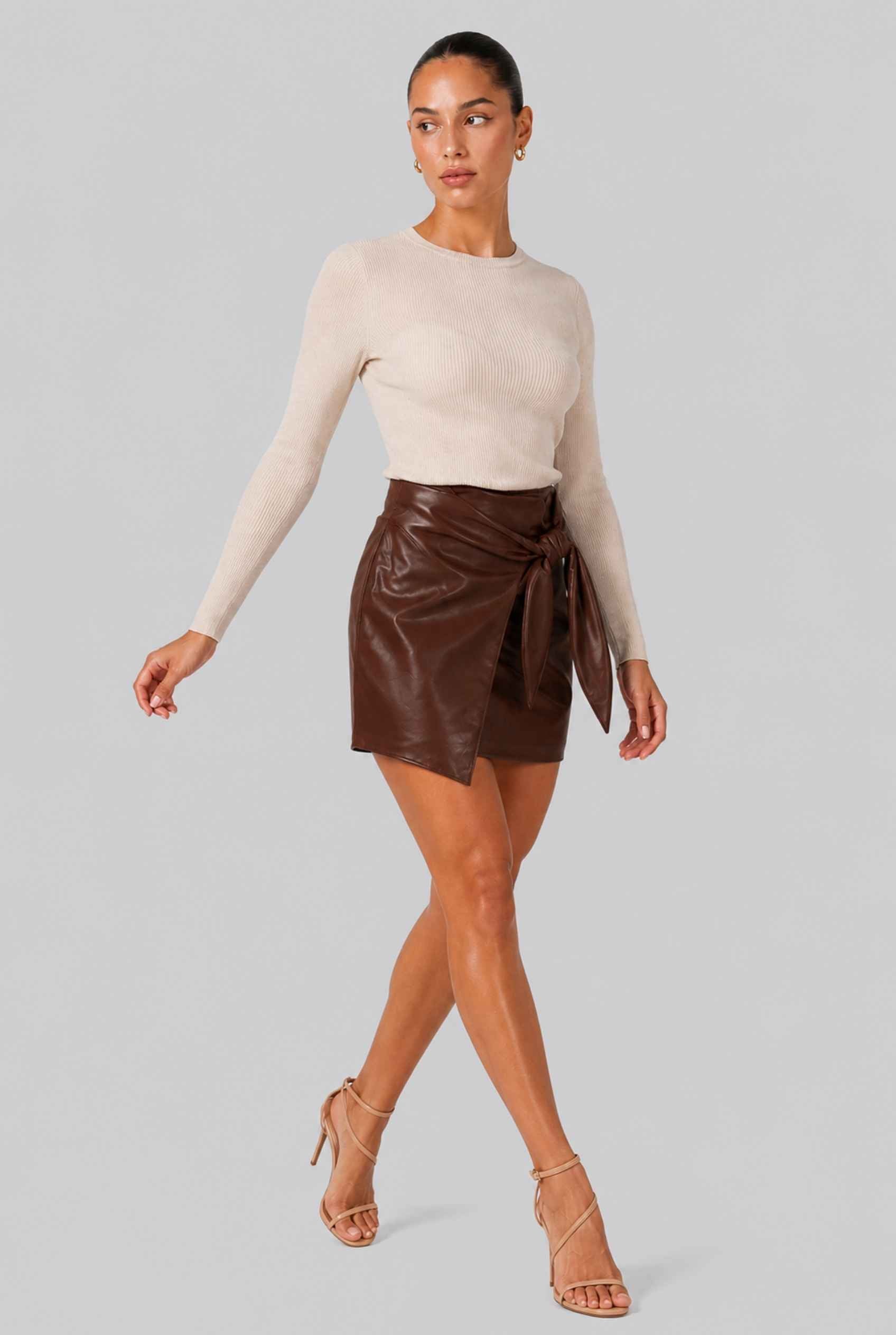 Virtual Model wearing The Sienna Tied Leather Mini Skirt Tie-Front Faux Leather Brown Mini Skirt