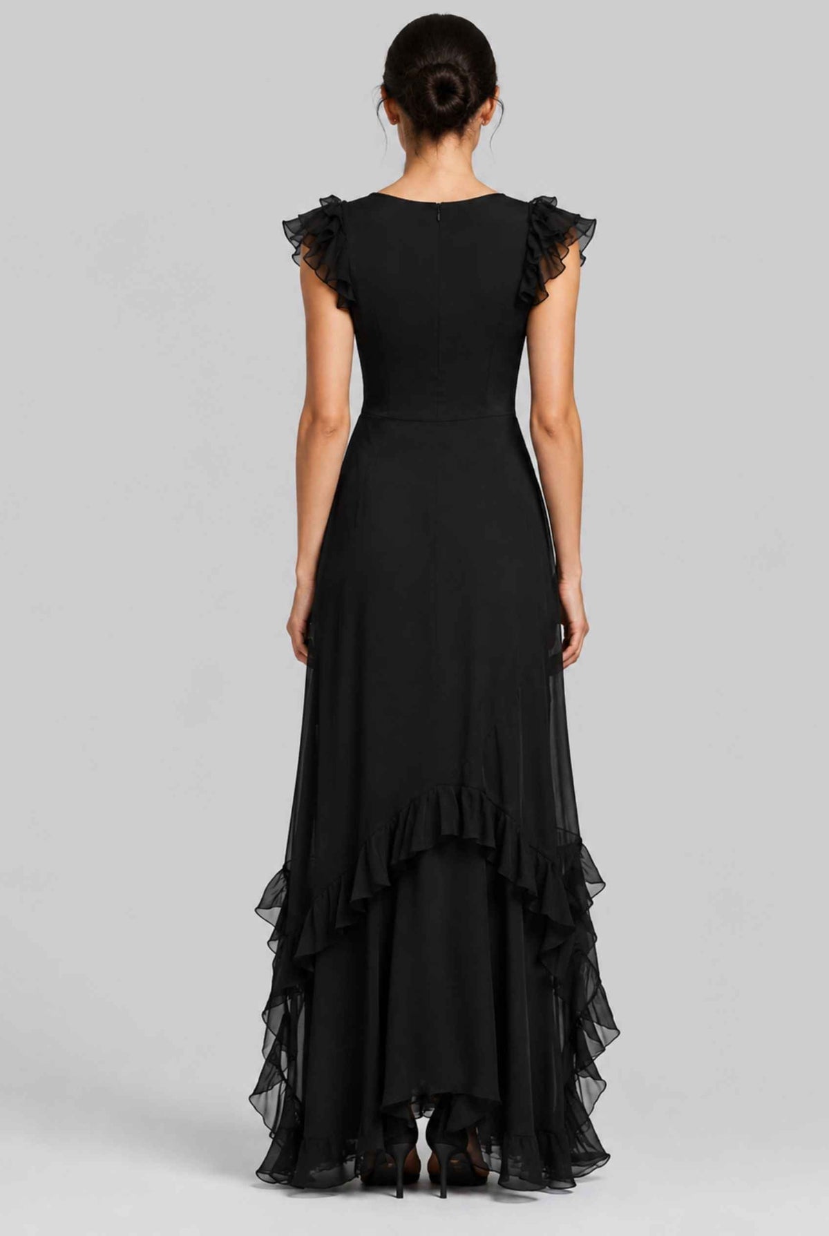 Virtual model wearing The Solène Ruffle Dress Sheer Illusion Sweetheart Bodice Dress in Black