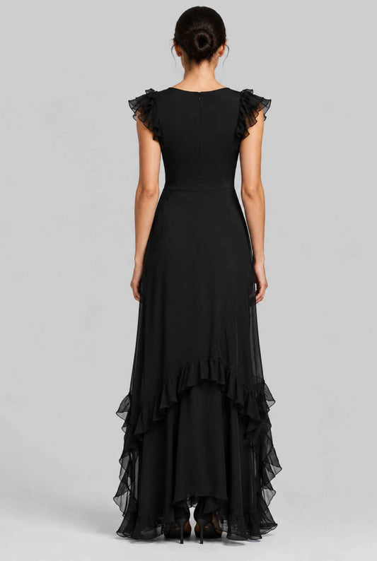 Virtual model wearing The Solène Ruffle Dress Sheer Illusion Sweetheart Bodice Dress in Black