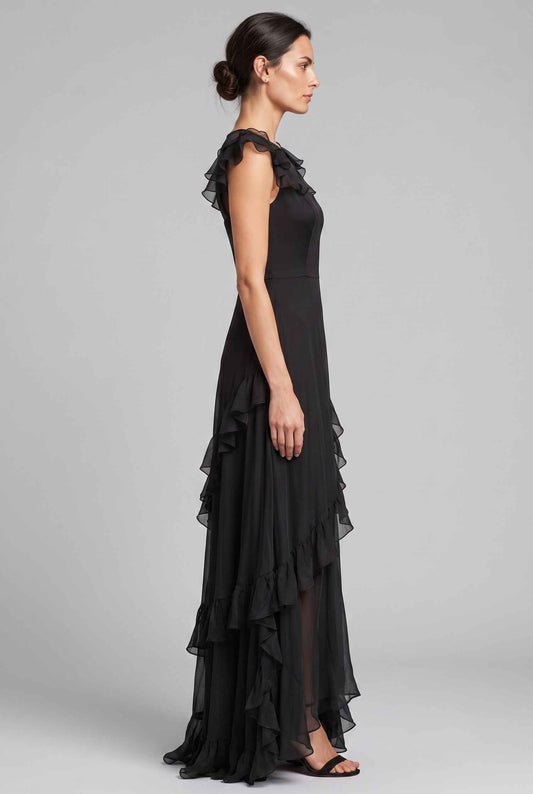 Virtual Model wearing The Solène Ruffle Dress Black Sheer Illusion Sweetheart Bodice Dress
