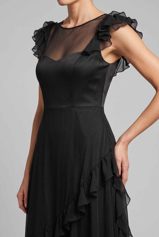 Virtual Model wearing The Solène Ruffle Dress Black Sheer Illusion Sweetheart Bodice Dress