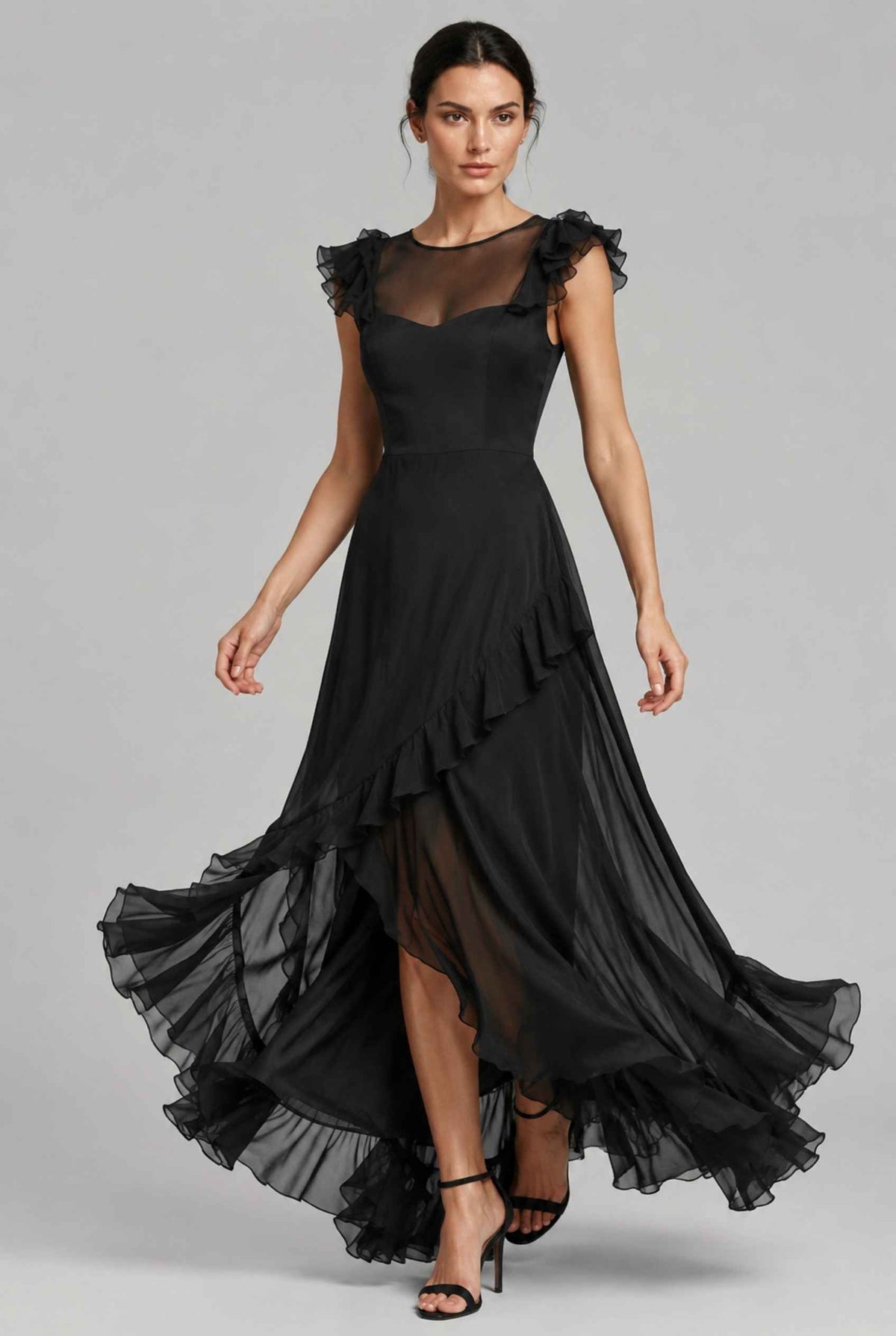 Virtual model wearing The Solène Ruffle Dress Sheer Illusion Sweetheart Bodice Dress in Black