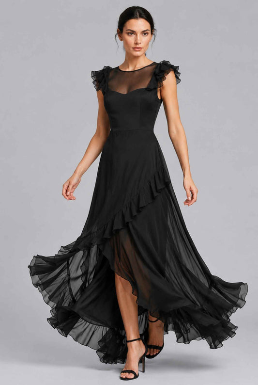 Virtual Model wearing The Solène Ruffle Dress Black Sheer Illusion Sweetheart Bodice Dress