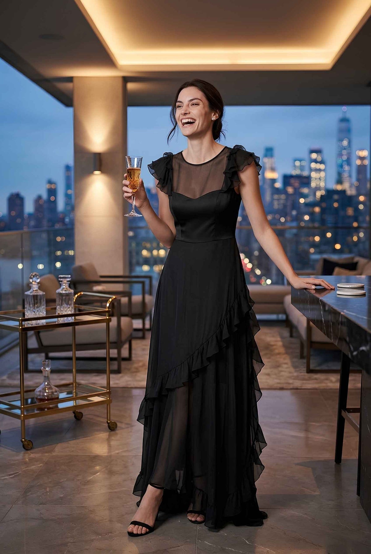 Virtual model wearing The Solène Ruffle Dress Sheer Illusion Sweetheart Bodice Dress in Black