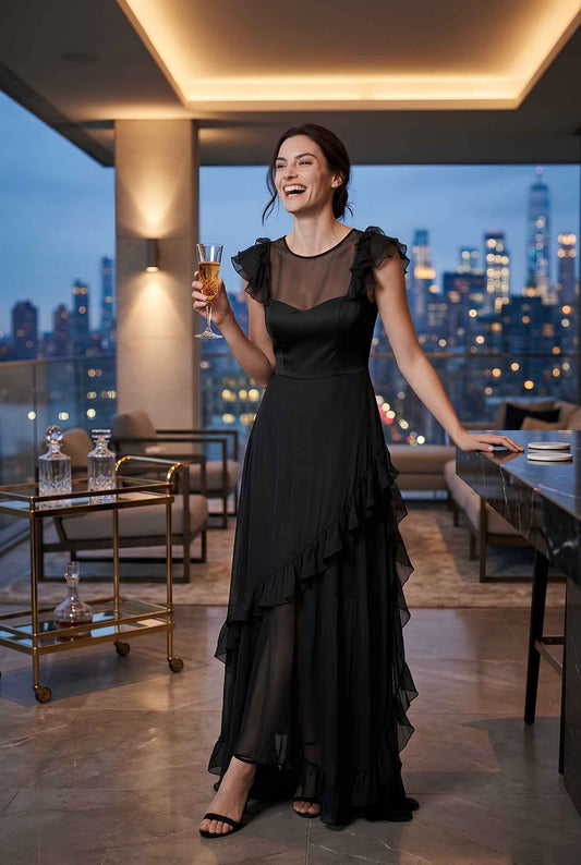 Virtual model wearing The Solène Ruffle Dress Sheer Illusion Sweetheart Bodice Dress in Black