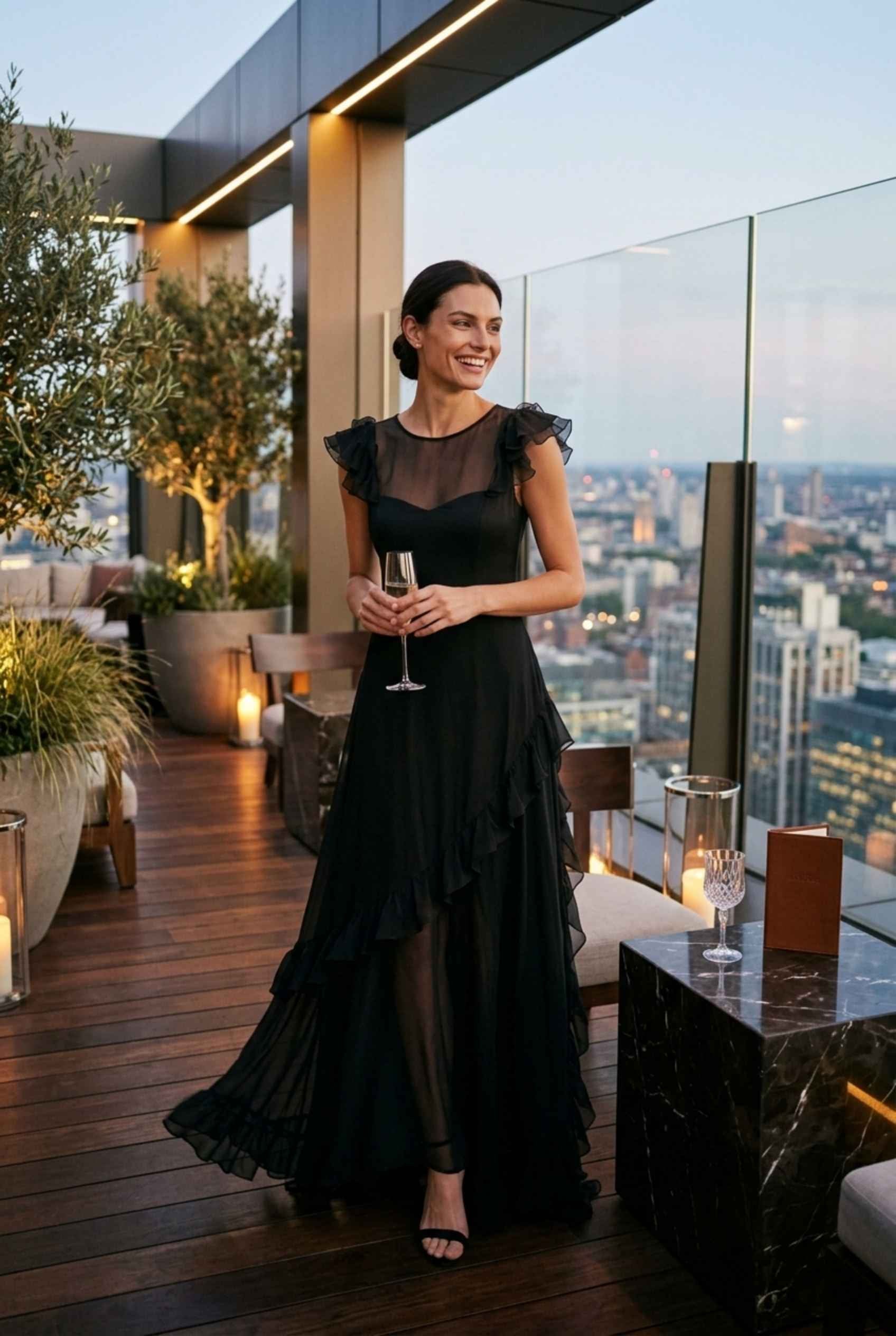 Virtual Model wearing The Solène Ruffle Dress Black Sheer Illusion Sweetheart Bodice Dress