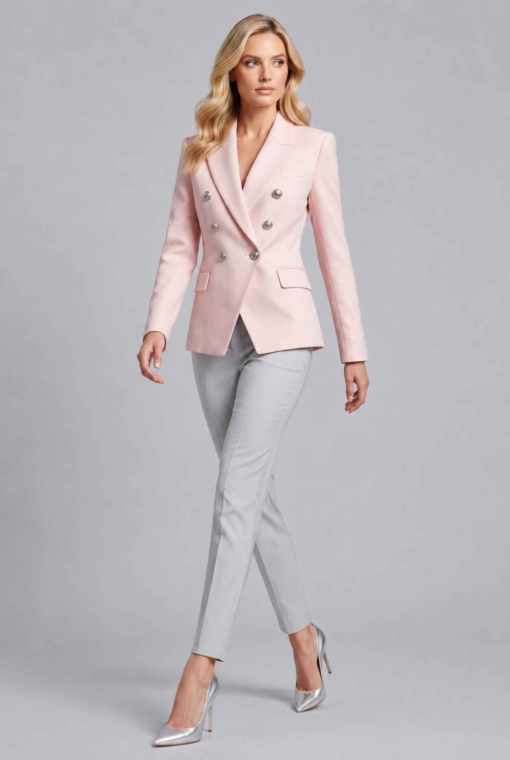 Virtual Model wearing The Solenne Double-Breasted Blazer Blush Pink Tailored Jacket