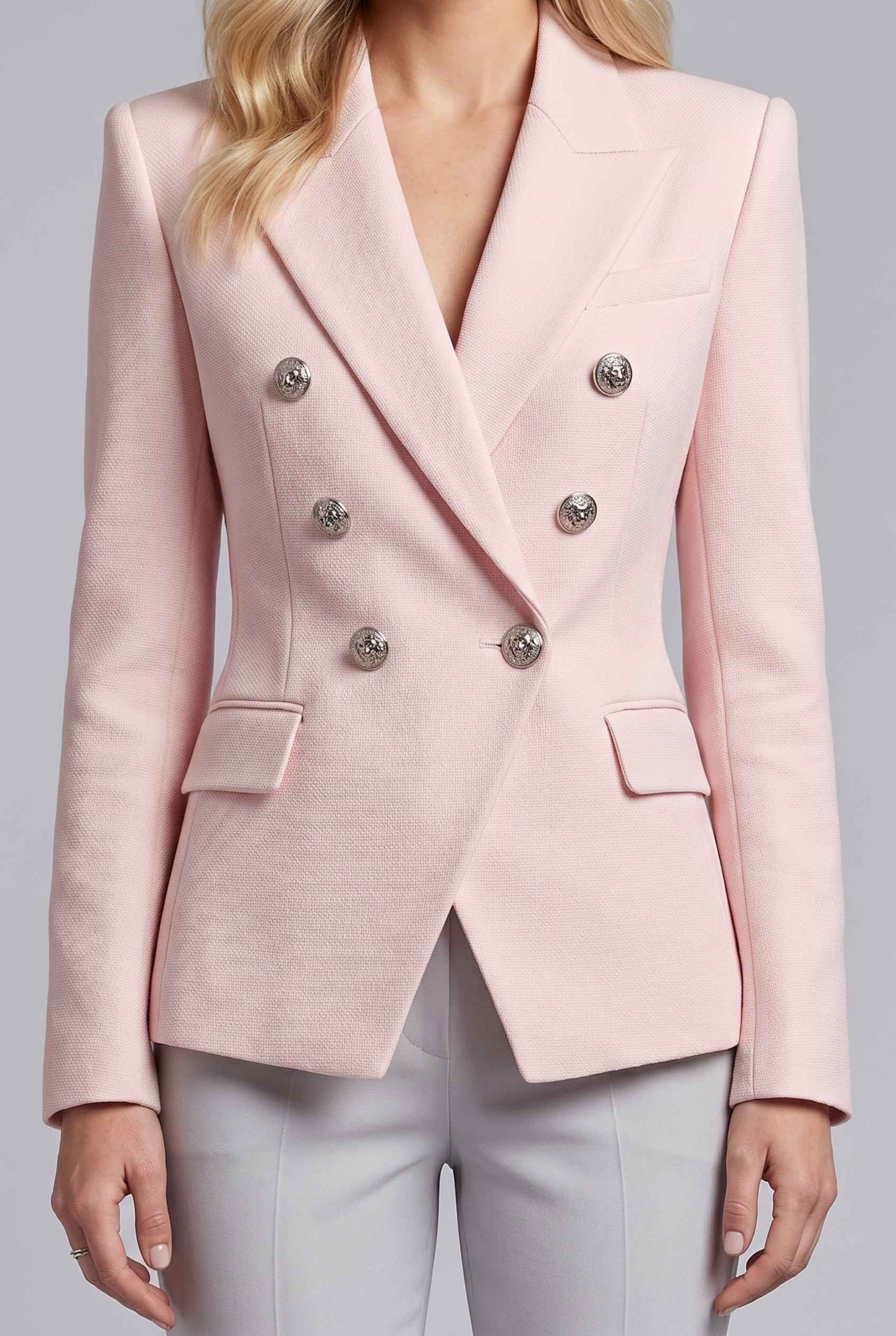 Virtual Model wearing The Solenne Double-Breasted Blazer Blush Pink Tailored Jacket