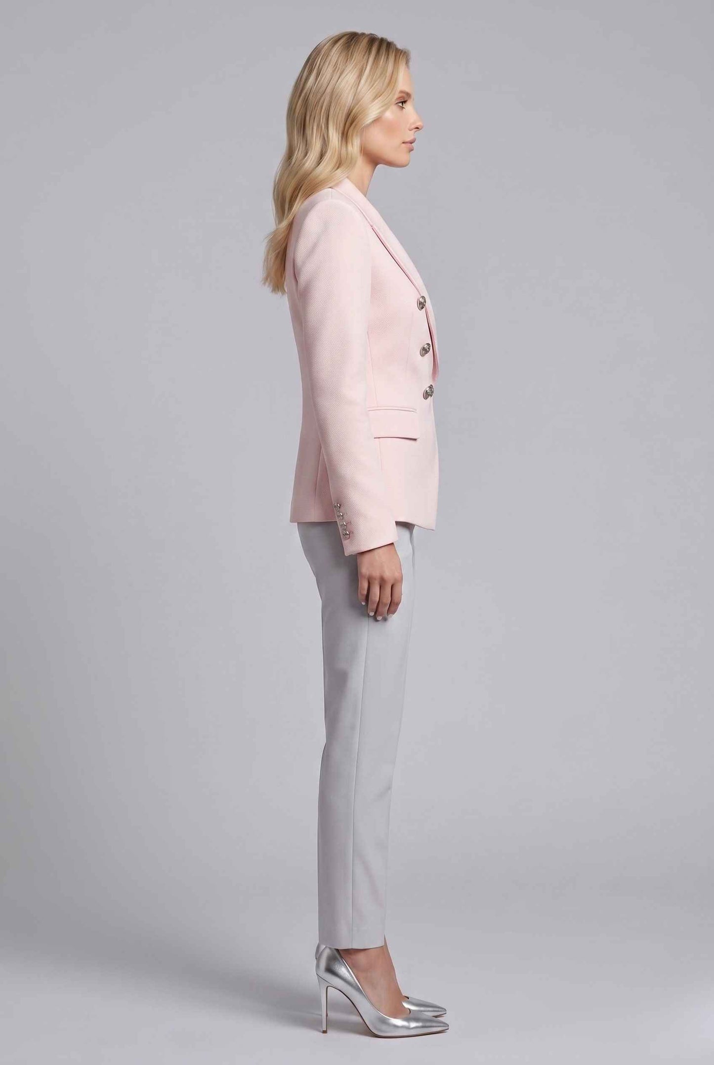 Virtual Model wearing The Solenne Double-Breasted Blazer Blush Pink Tailored Jacket