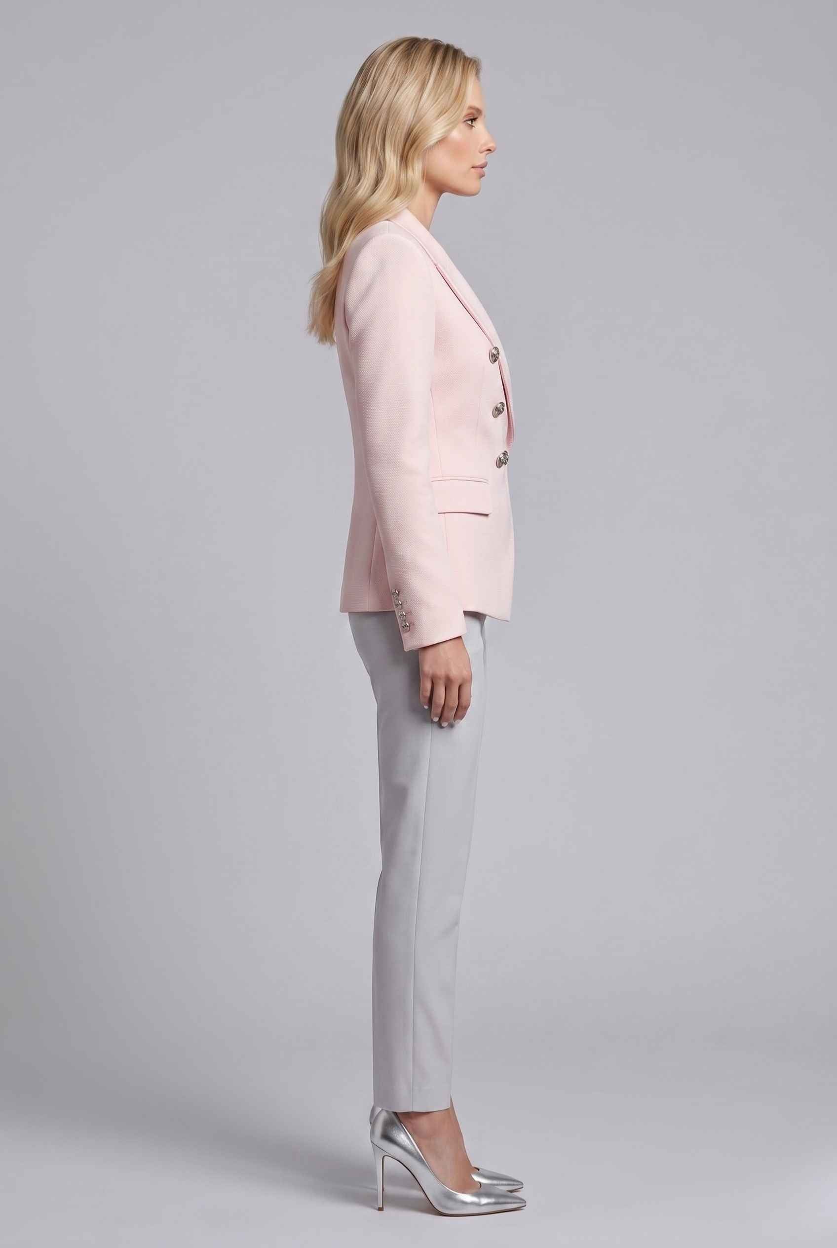 Virtual Model wearing The Solenne Double-Breasted Blazer Blush Pink Tailored Jacket