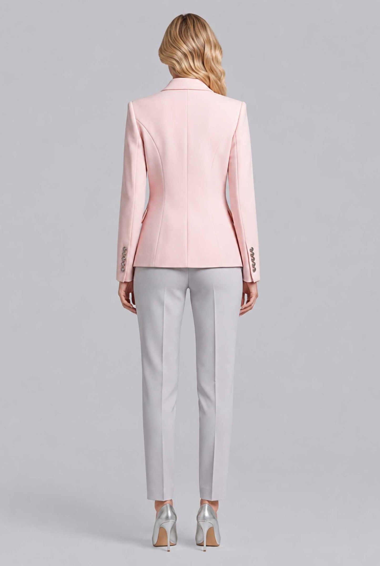 Virtual Model wearing The Solenne Double-Breasted Blazer Blush Pink Tailored Jacket