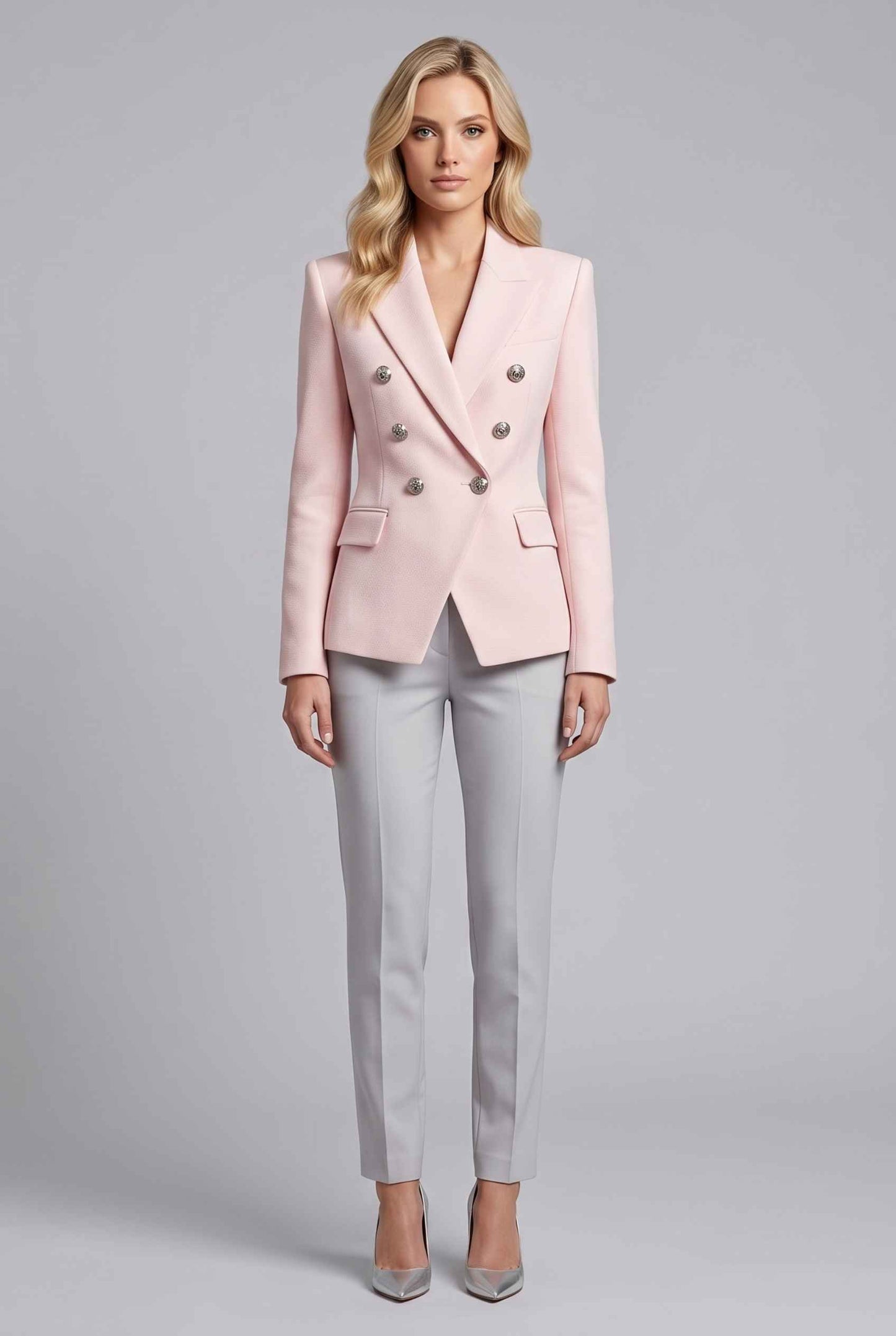 Virtual Model wearing The Solenne Double-Breasted Blazer Blush Pink Tailored Jacket