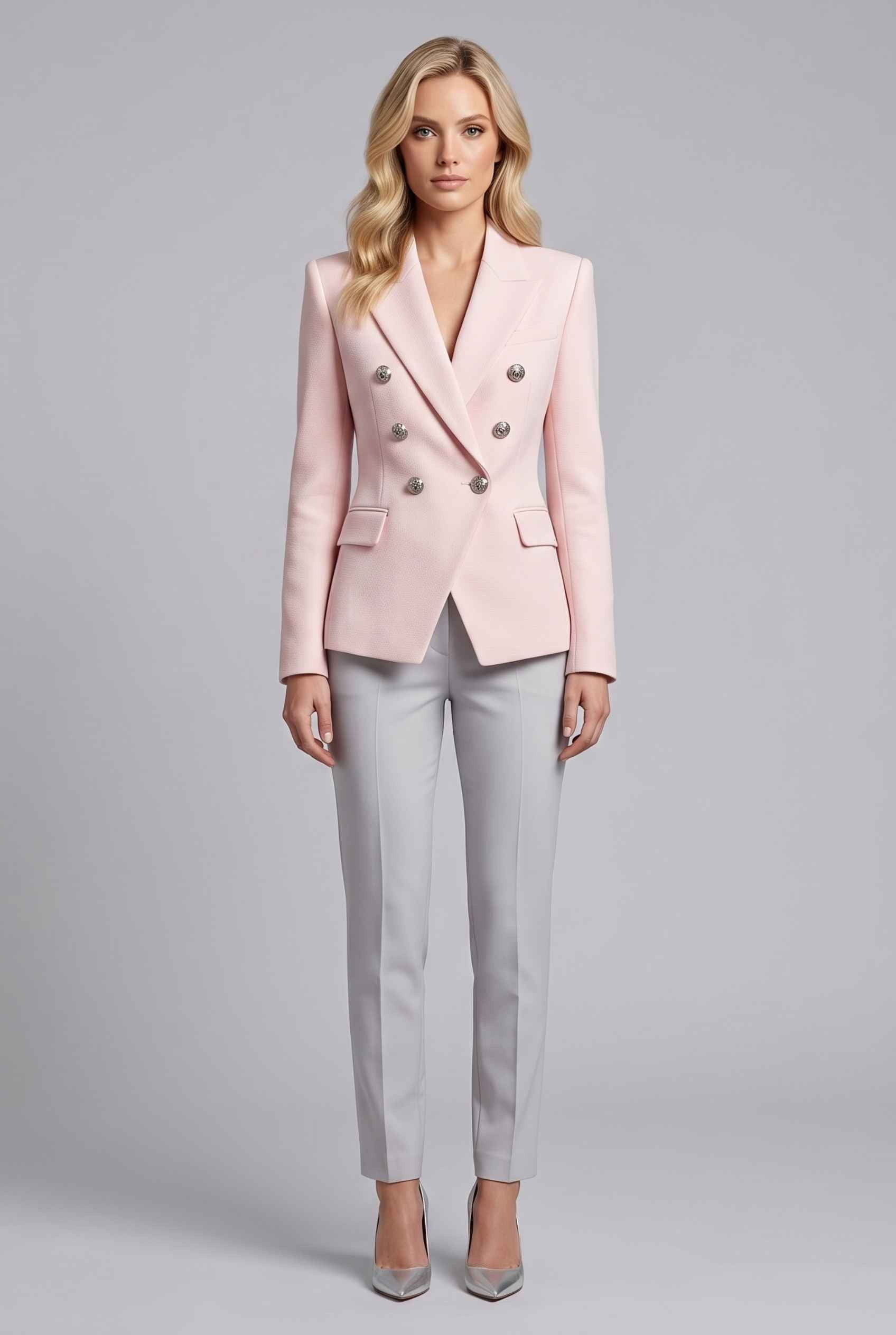 Virtual Model wearing The Solenne Double-Breasted Blazer Blush Pink Tailored Jacket
