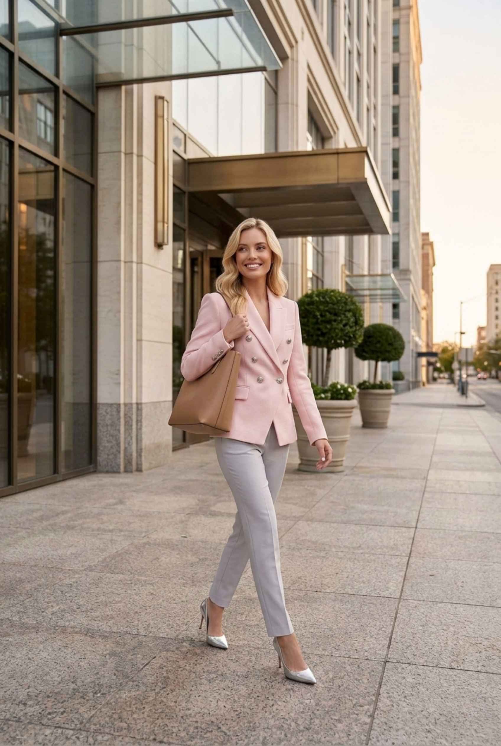 Virtual Model wearing The Solenne Double-Breasted Blazer Blush Pink Tailored Jacket